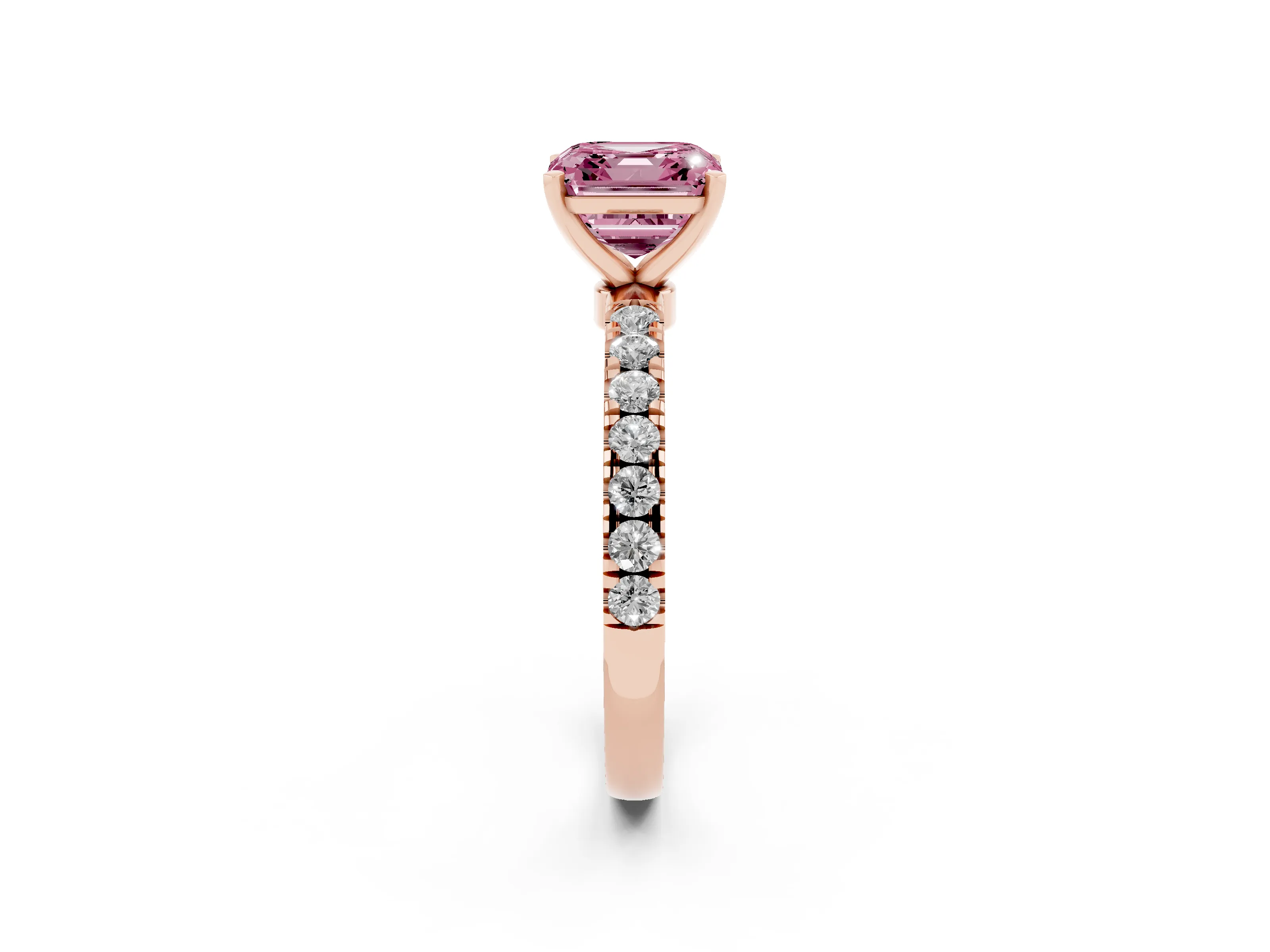 Fancy Pink Asscher Cut Diamond Solitaire Ring Set in Rose gold with Pavé Accents and Prong Setting