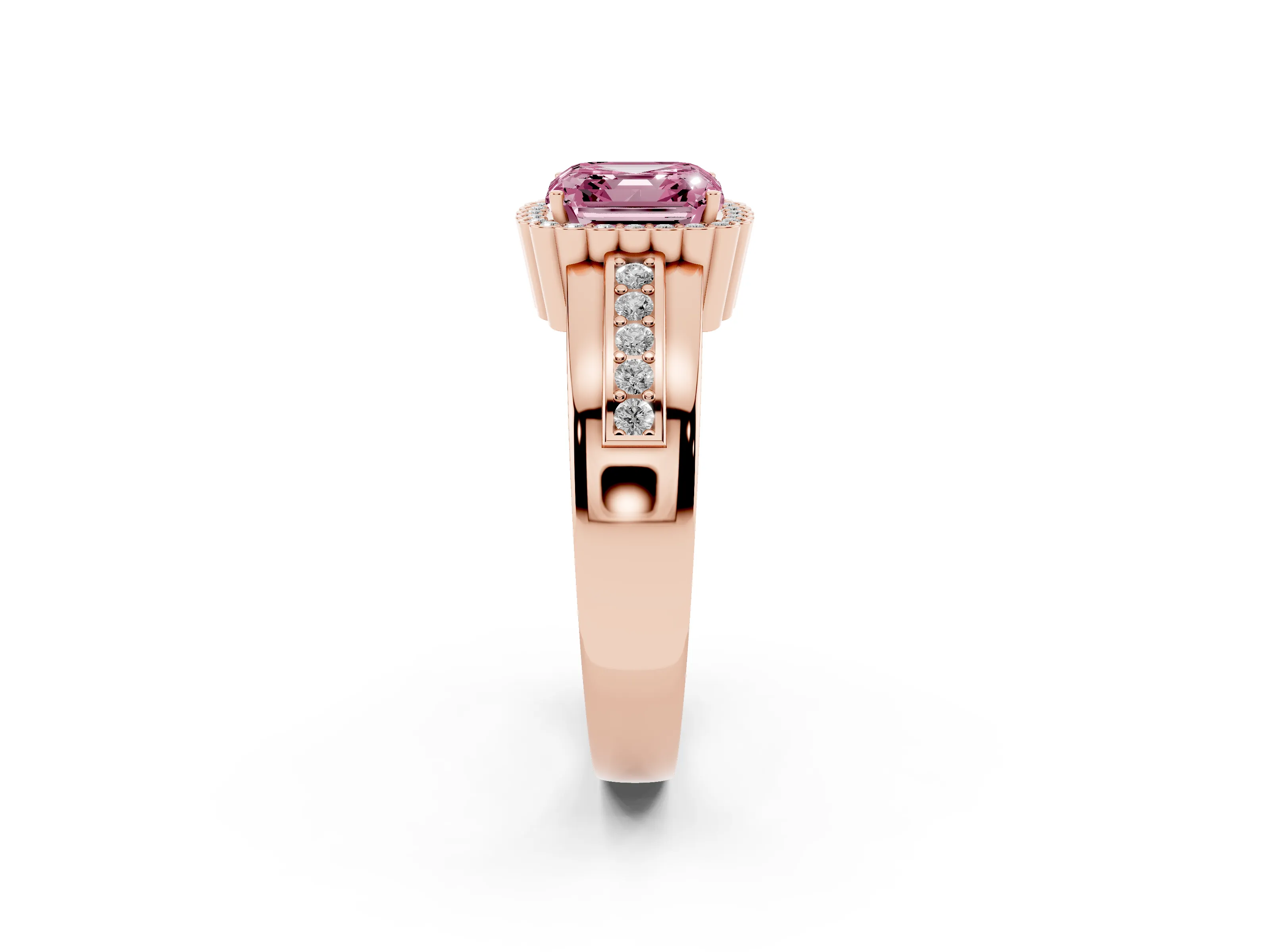 Fancy Pink Asscher Cut Diamond Halo Prong Ring Set in Rose gold with Pavé Band