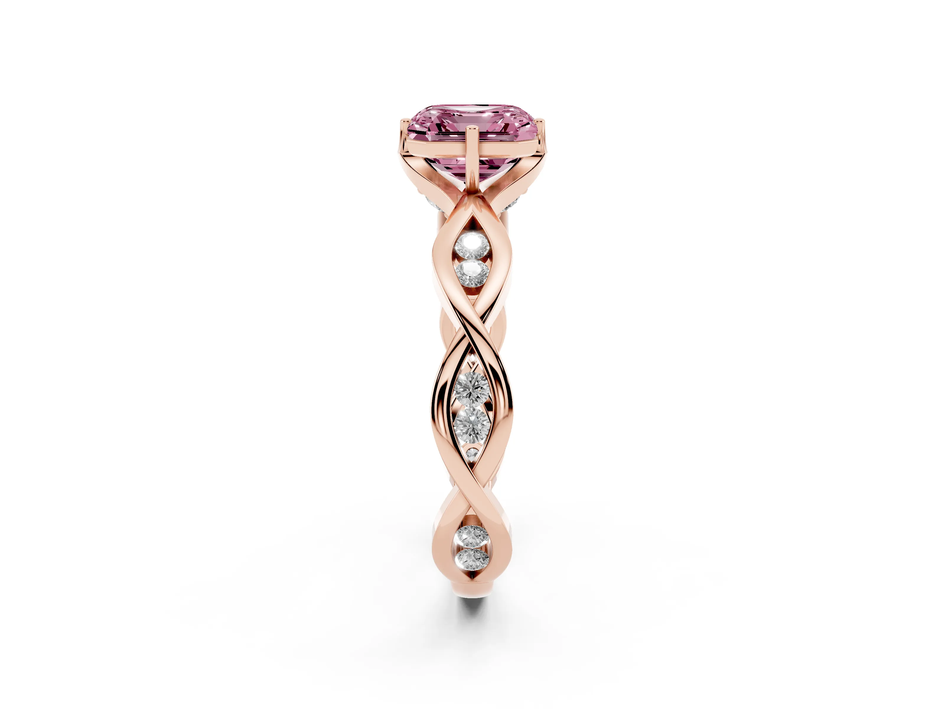 Fancy Pink Asscher Cut Diamond Twist Band Solitaire Ring Set in Rose gold with Leaf Prong Setting and Accent Stones