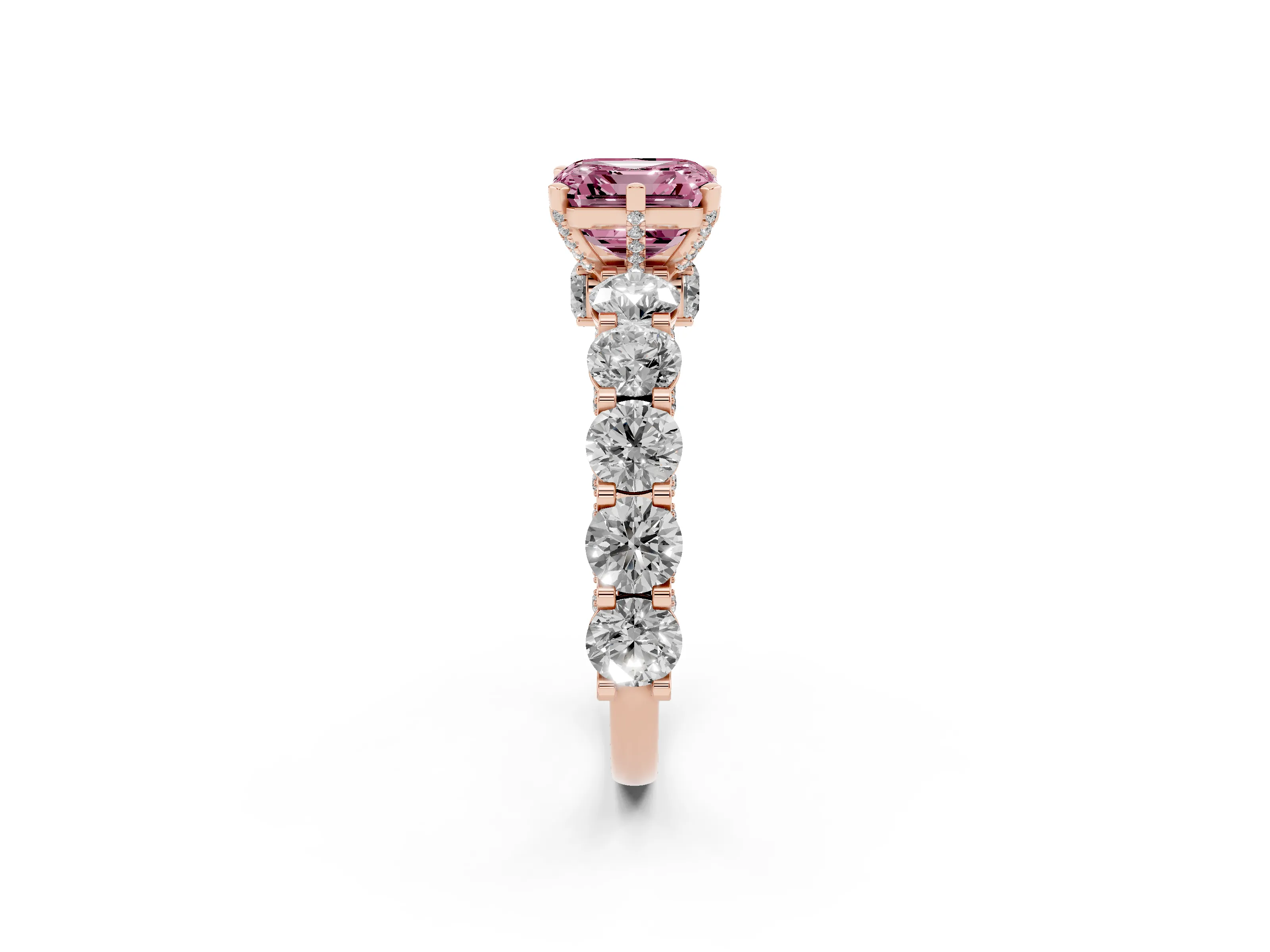 Fancy Pink Asscher Cut Diamond Side Stone Ring Set in Rose gold with Alternating Round and Oval Side Stones