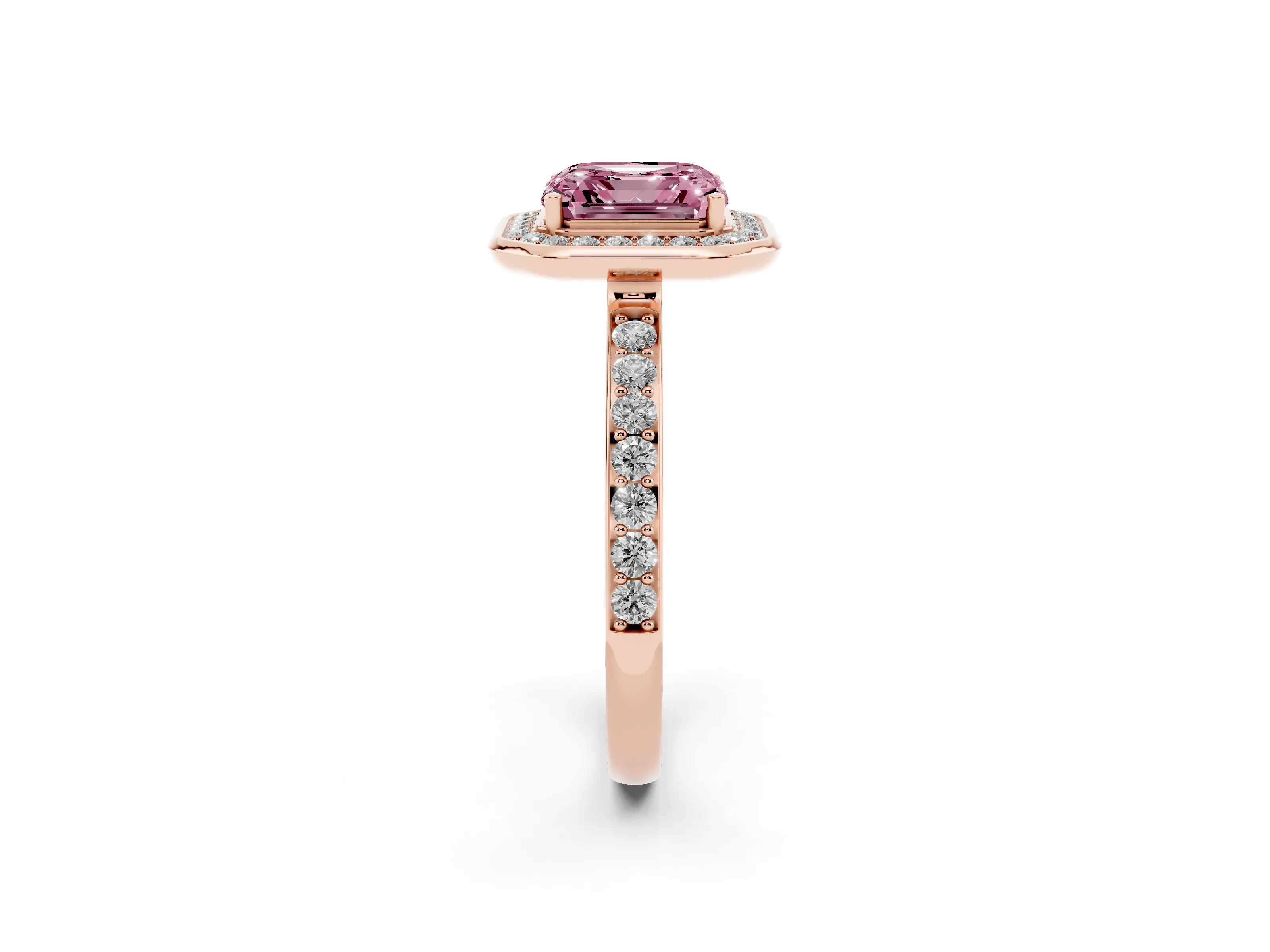 Fancy Pink Asscher Cut Diamond Halo Ring Set in Rose gold with Bezel Frame and Pavé Band