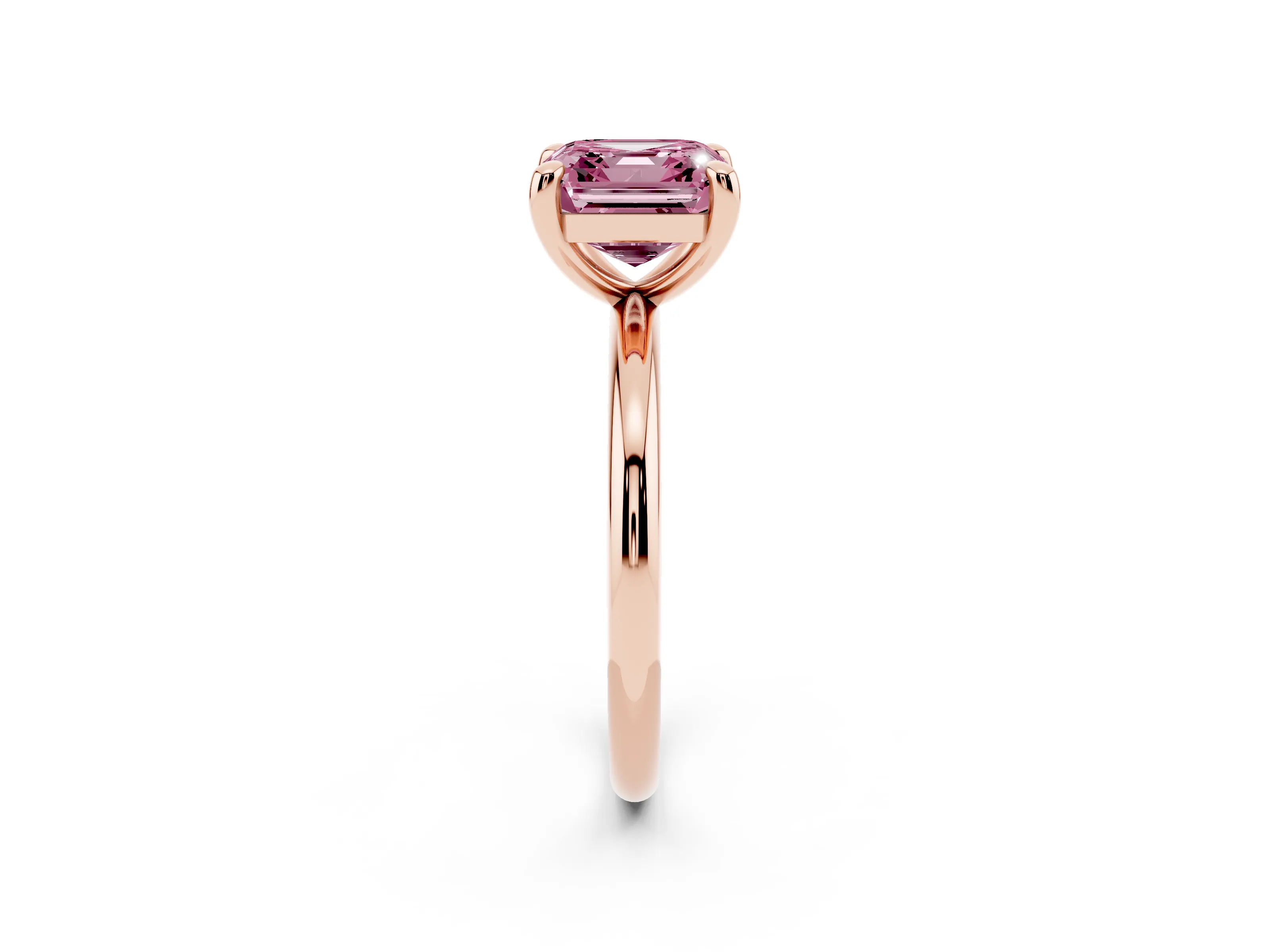 Fancy Pink Asscher Cut Diamond Solitaire Ring Set in Rose gold with Prong Setting on a Polished Plain Band