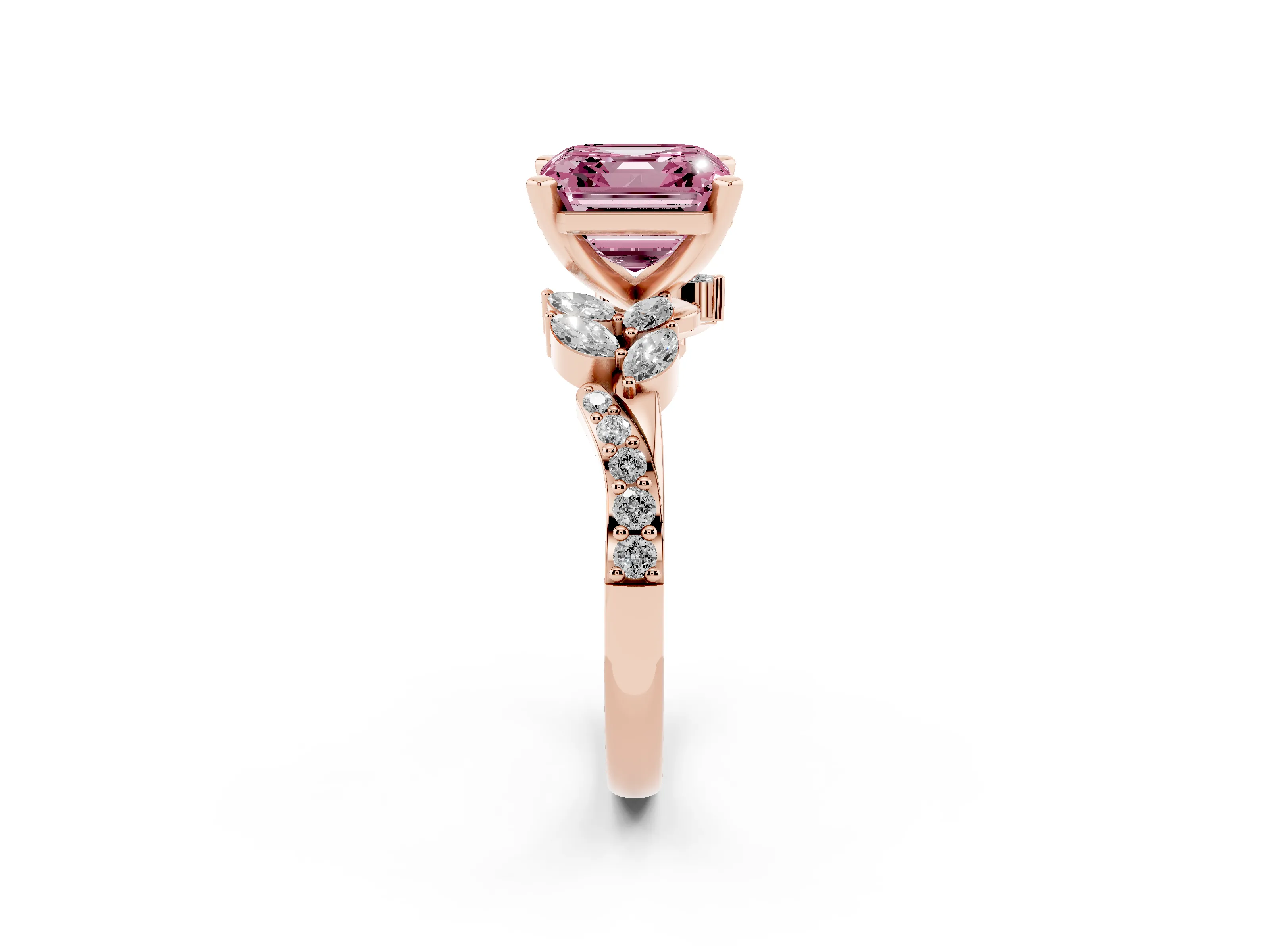 Fancy Pink Asscher Cut Diamond Solitaire Ring Set in Rose gold with Marquise Twist Band and Prong Setting