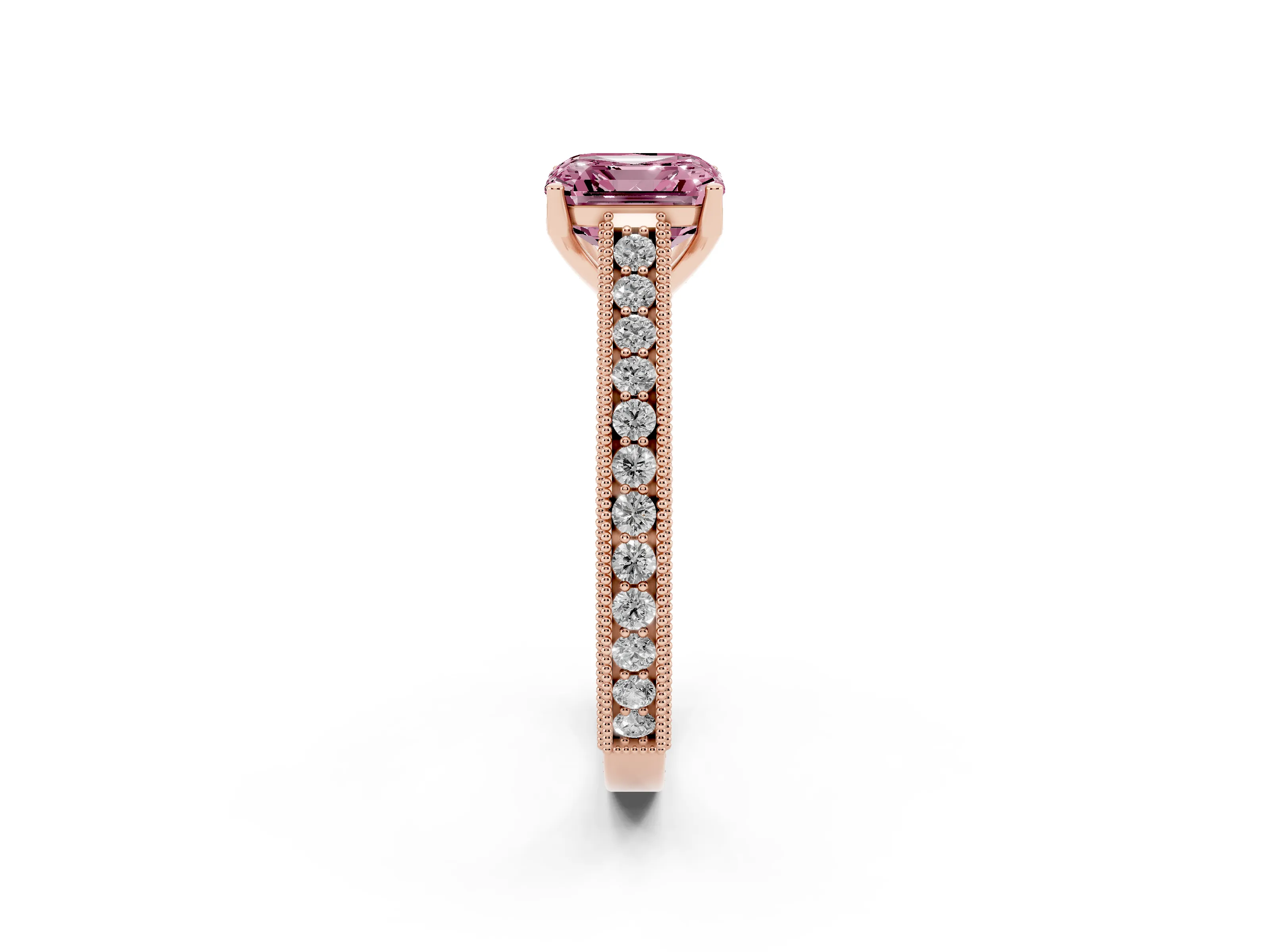 Fancy Pink Asscher Cut Diamond Milgrain Pavé Band Solitaire Ring Set in Rose gold with Prong Setting