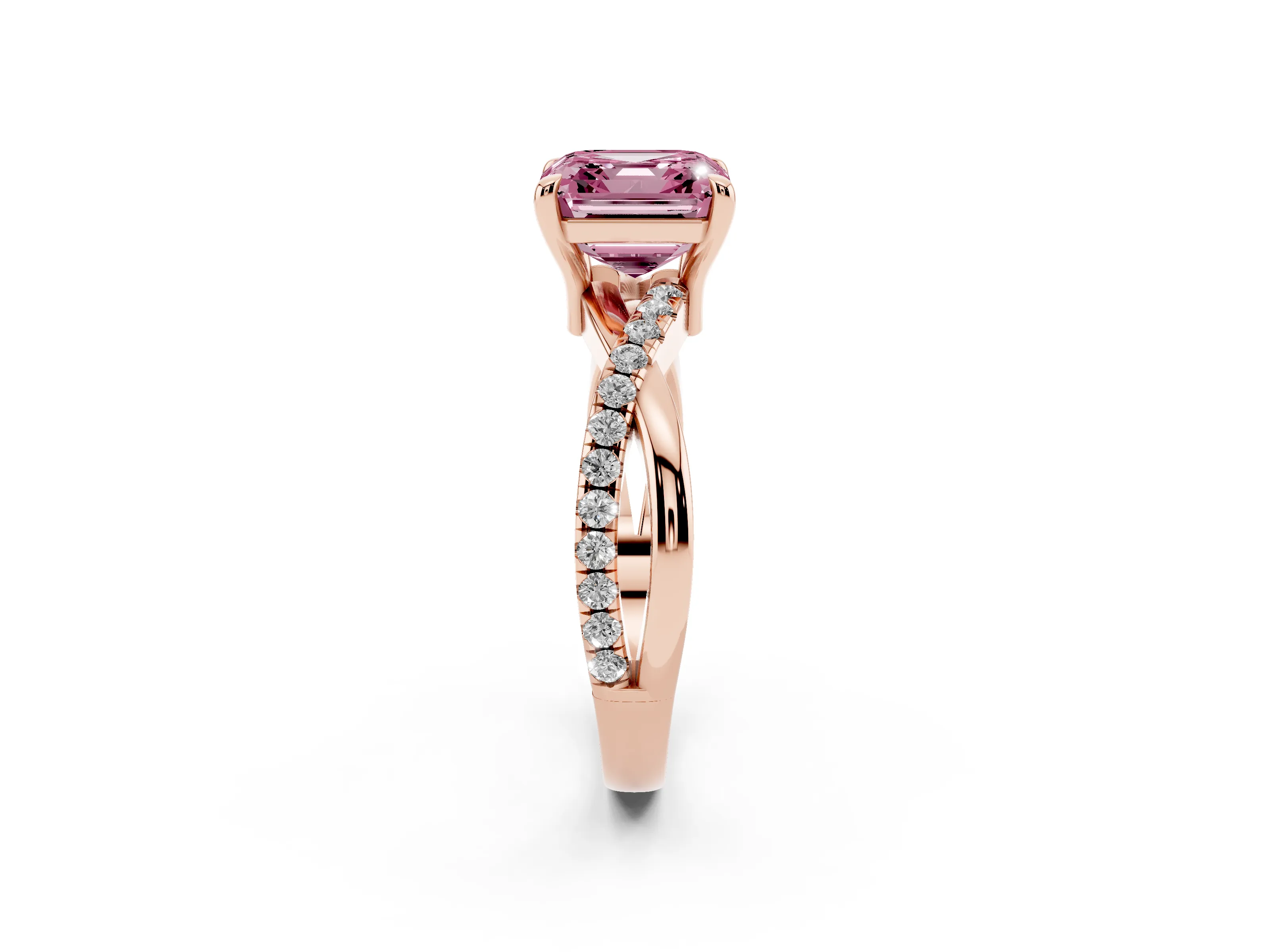 Fancy Pink Asscher Cut Diamond Twist Band Pavé Solitaire Ring Set in Rose gold with Prong Setting