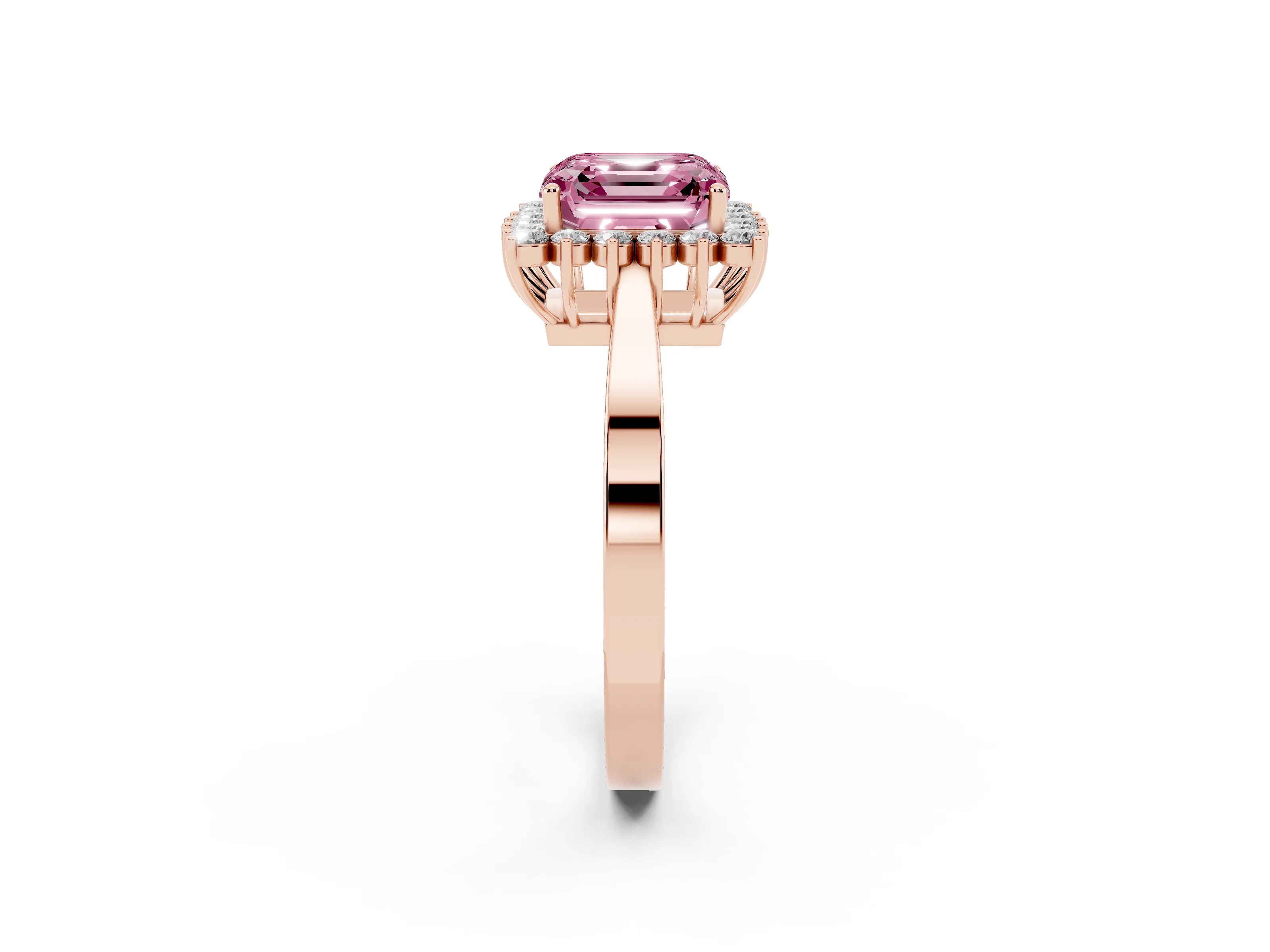 Fancy Pink Asscher Cut Diamond Halo Ring Set in Rose gold with Round Halo and Smooth Solitaire Band