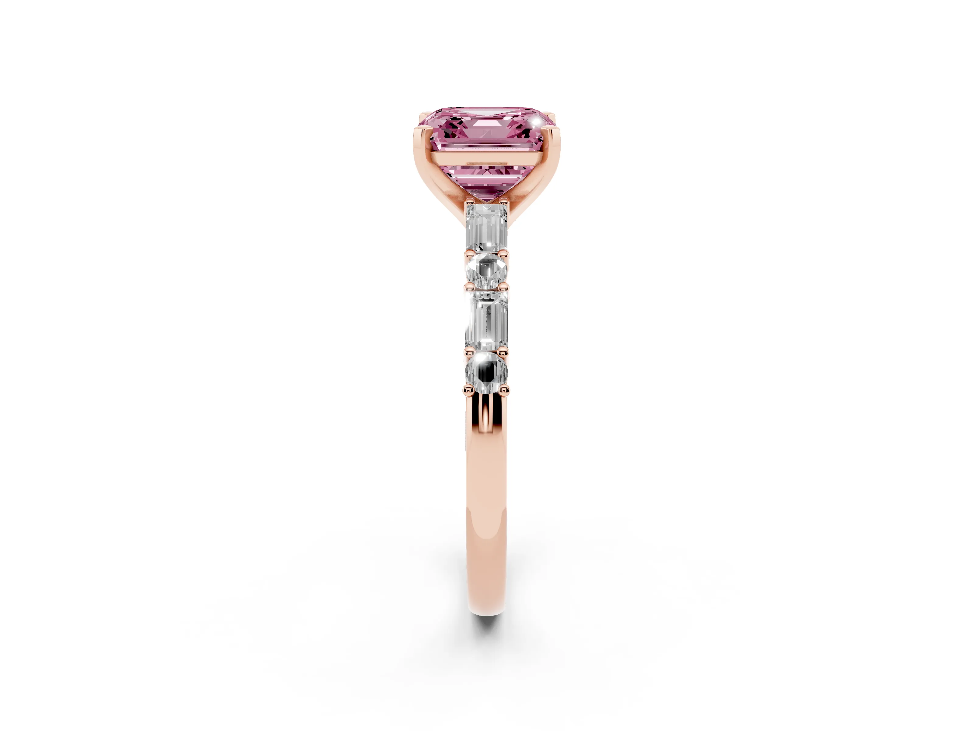 Fancy Pink Asscher Cut Diamond Solitaire Set in Rose gold with Side Baguettes and Channel Set Band