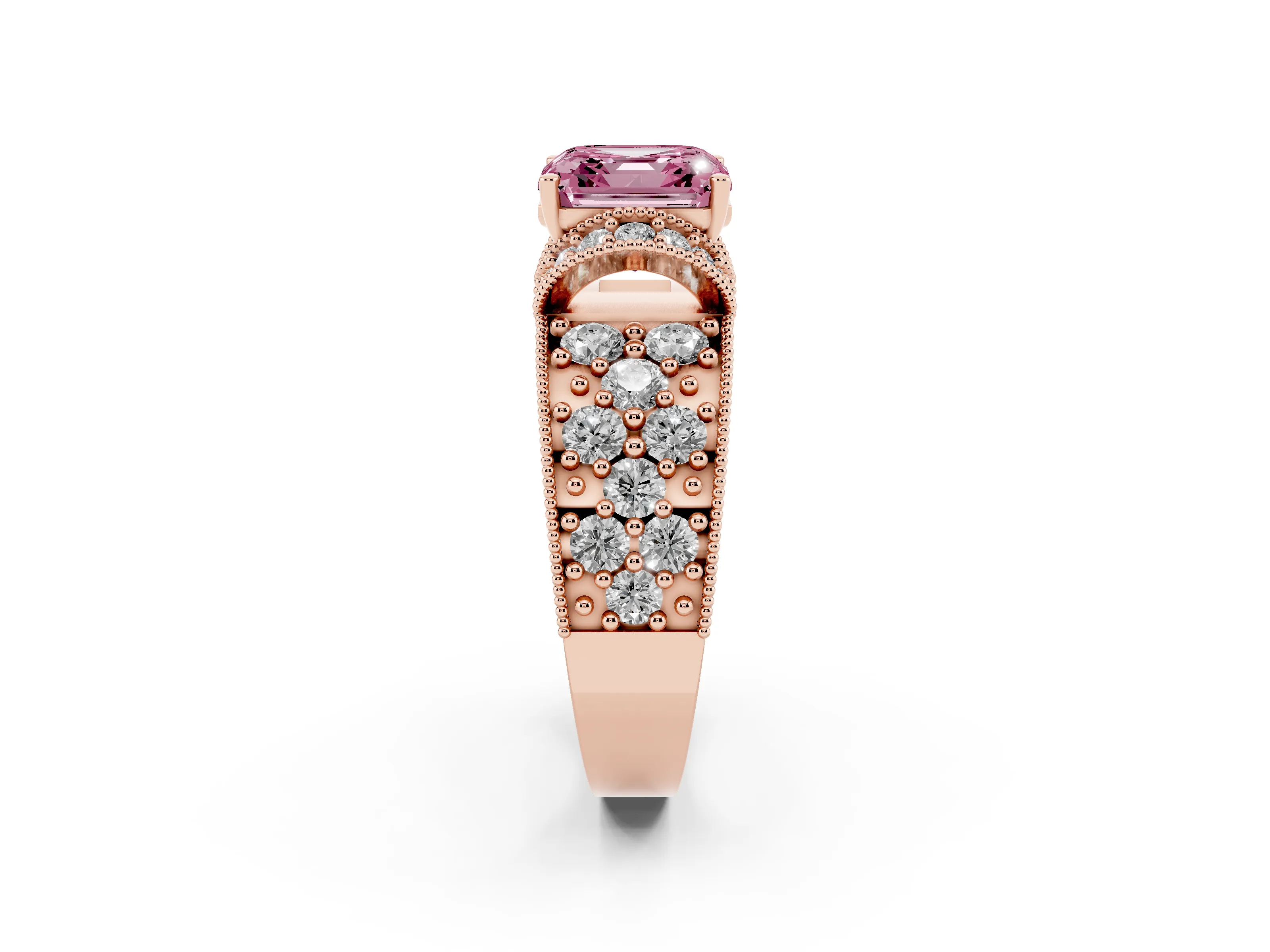 Fancy Pink Asscher Cut Diamond Milgrain Halo Pavé Engagement Ring Set in Rose gold with Prong Setting