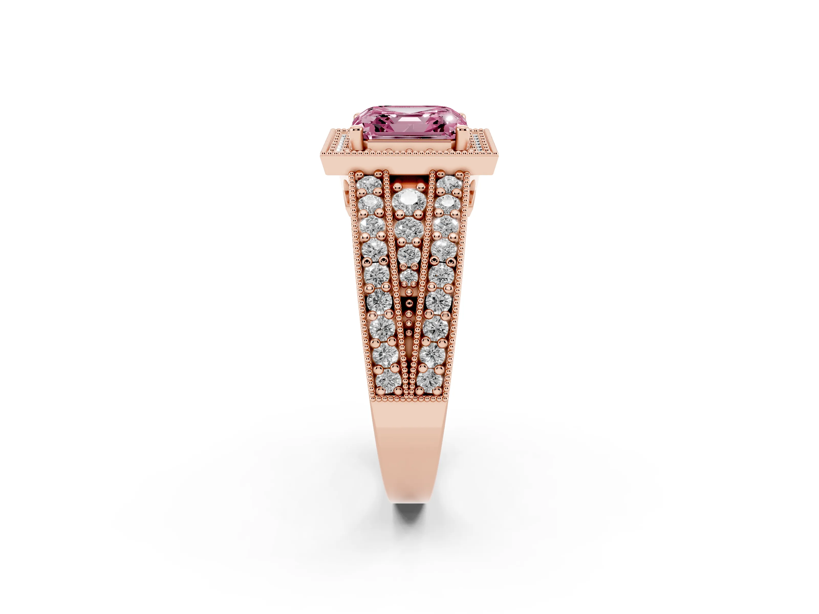 Fancy Pink Asscher Cut Diamond Halo Ring Set in Rose gold with Accent Split Shank and Prong Setting