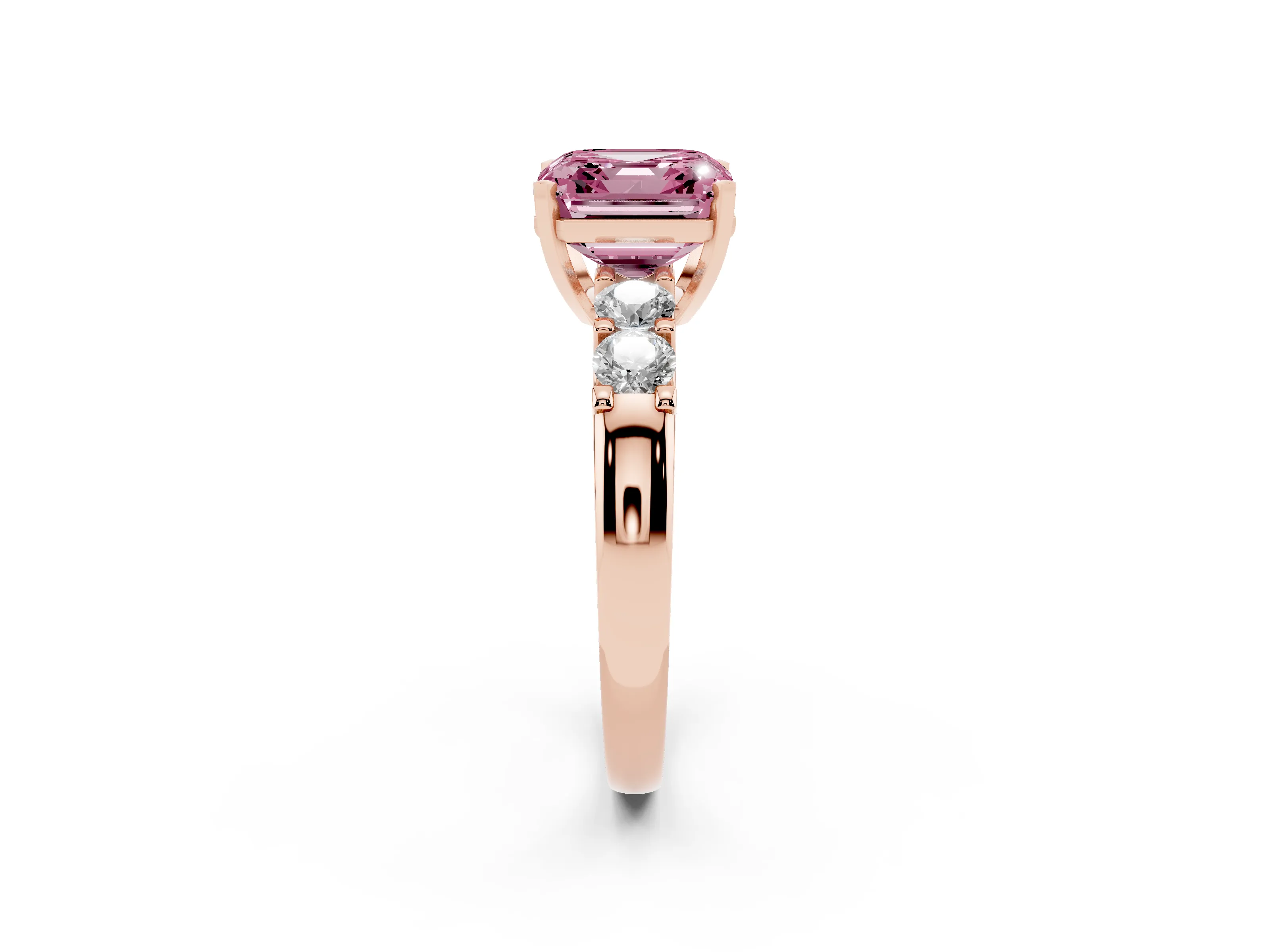 Fancy Pink Asscher Cut Diamond Five-Stone Prong Set Engagement Ring Set in Rose gold with Channel Band