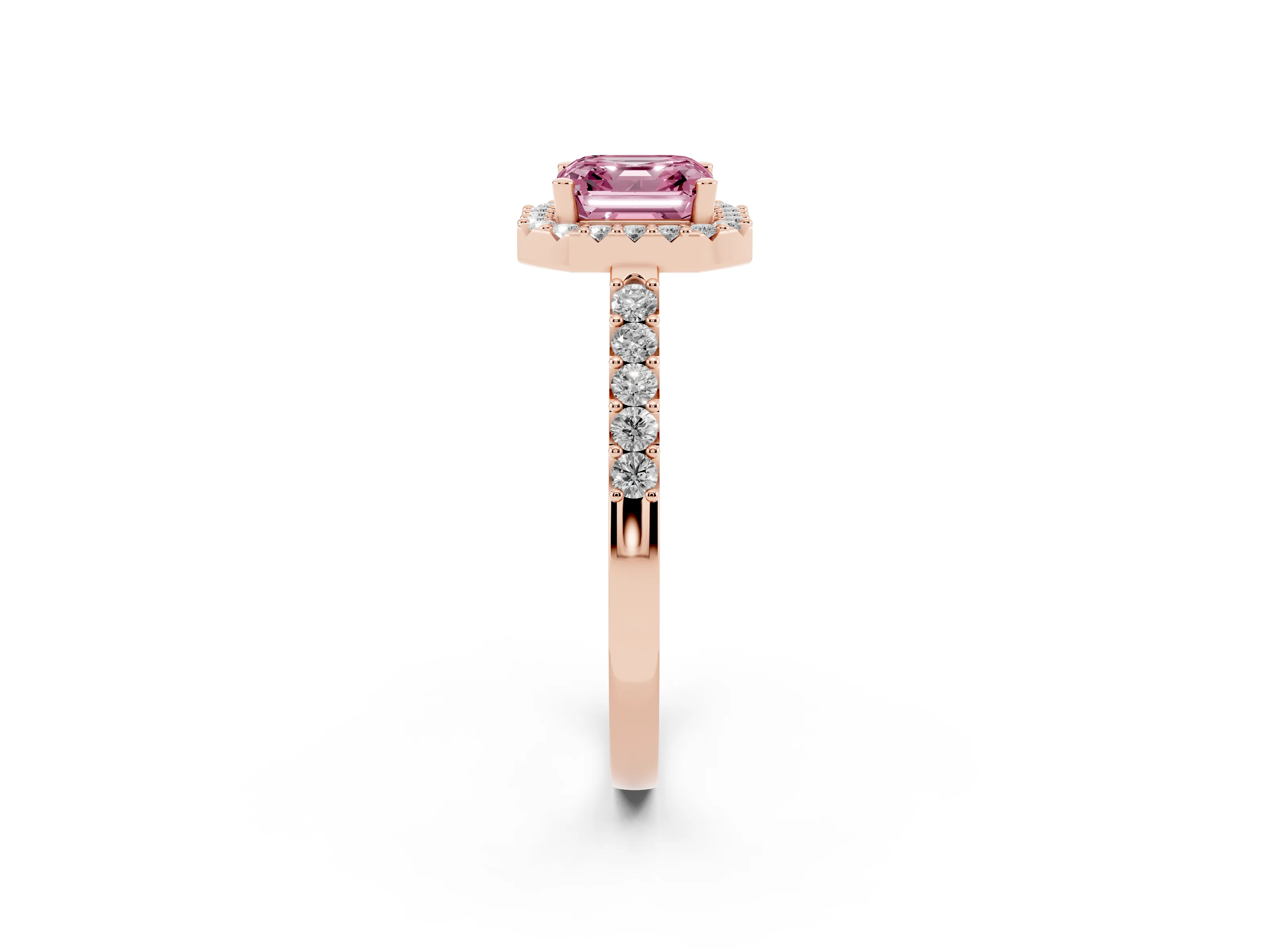 Fancy Pink Asscher Cut Diamond Halo Pavé Solitaire Ring Set in Rose gold with Prong-Set Center Stone