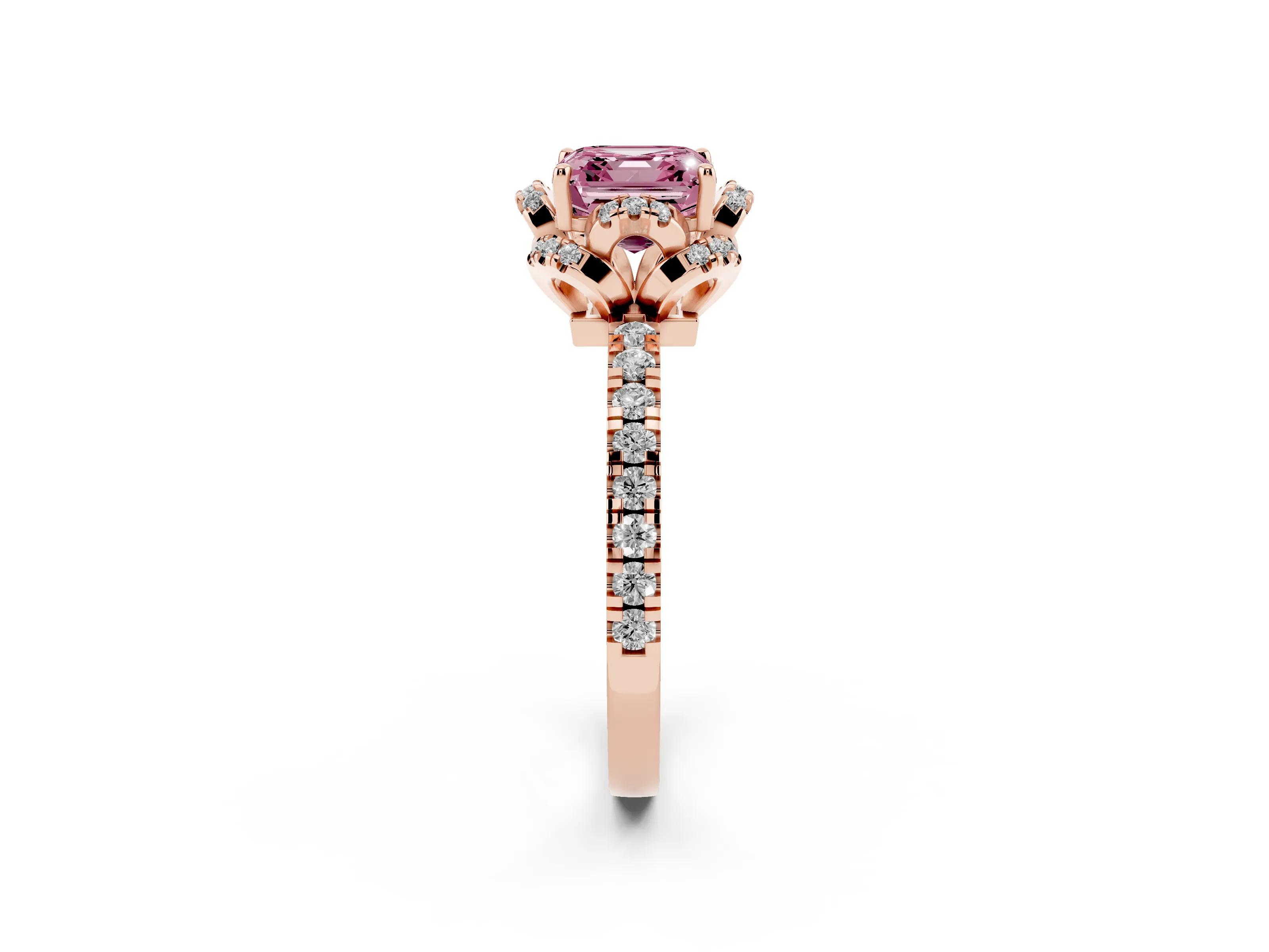 Fancy Pink Asscher Cut Diamond Halo Pavé Ring Set in Rose gold with Prong-Held Center Stone