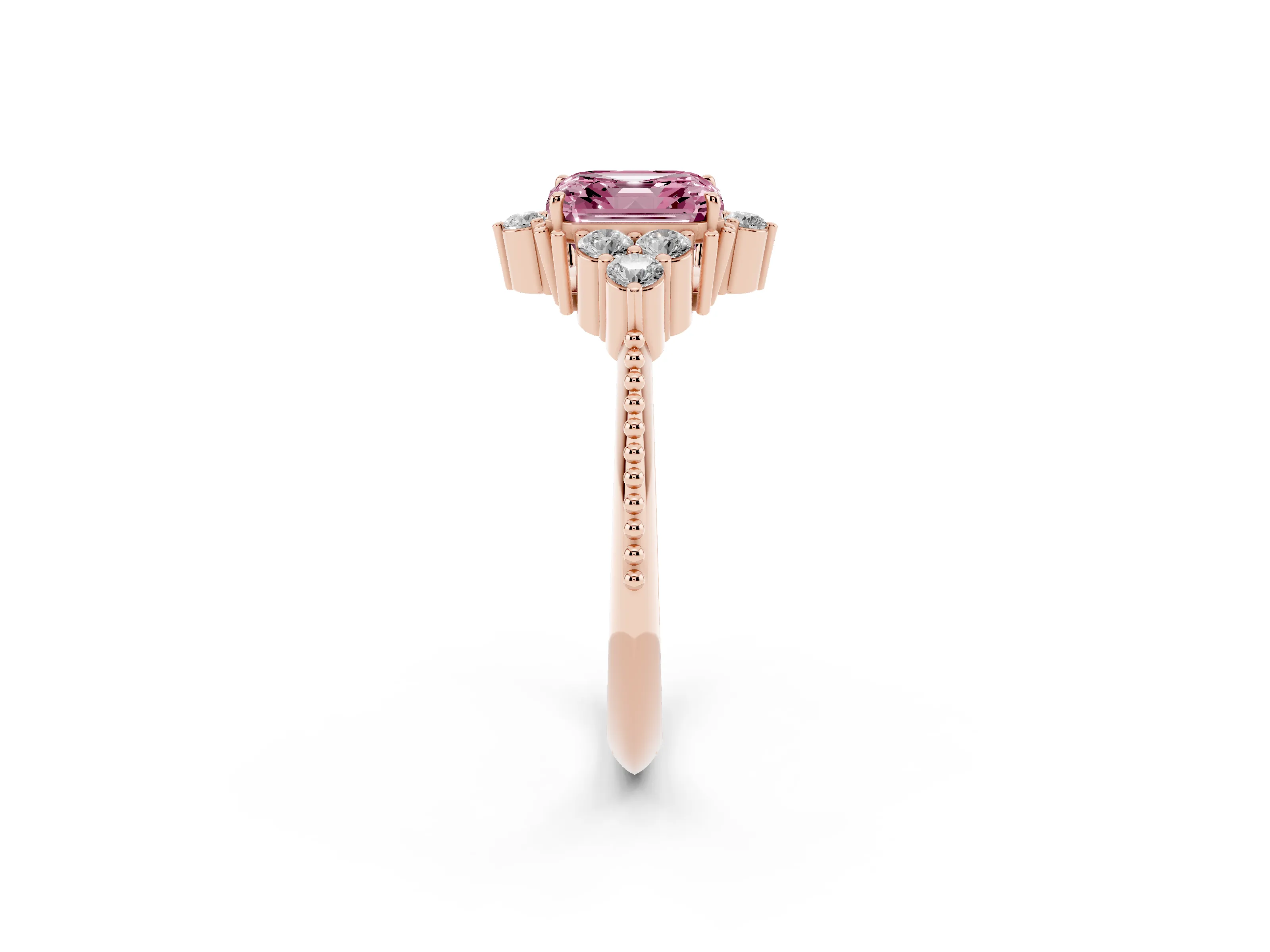Fancy Pink Asscher Cut Diamond Cluster Ring Set in Rose gold with Beaded Band