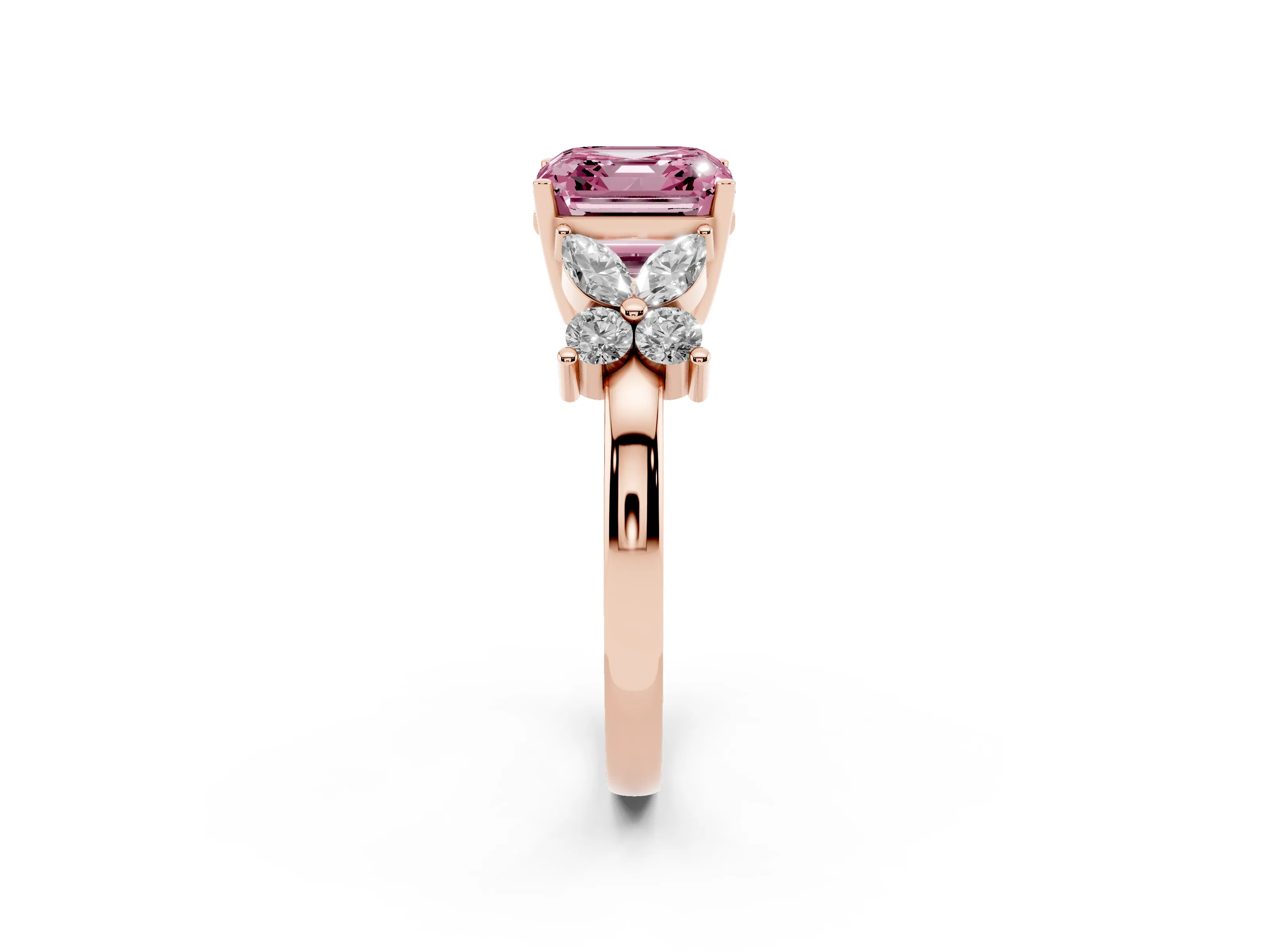 Fancy Pink Asscher Cut Diamond Floral Cluster Ring Set in Rose gold with Marquise Petals and Prong Setting