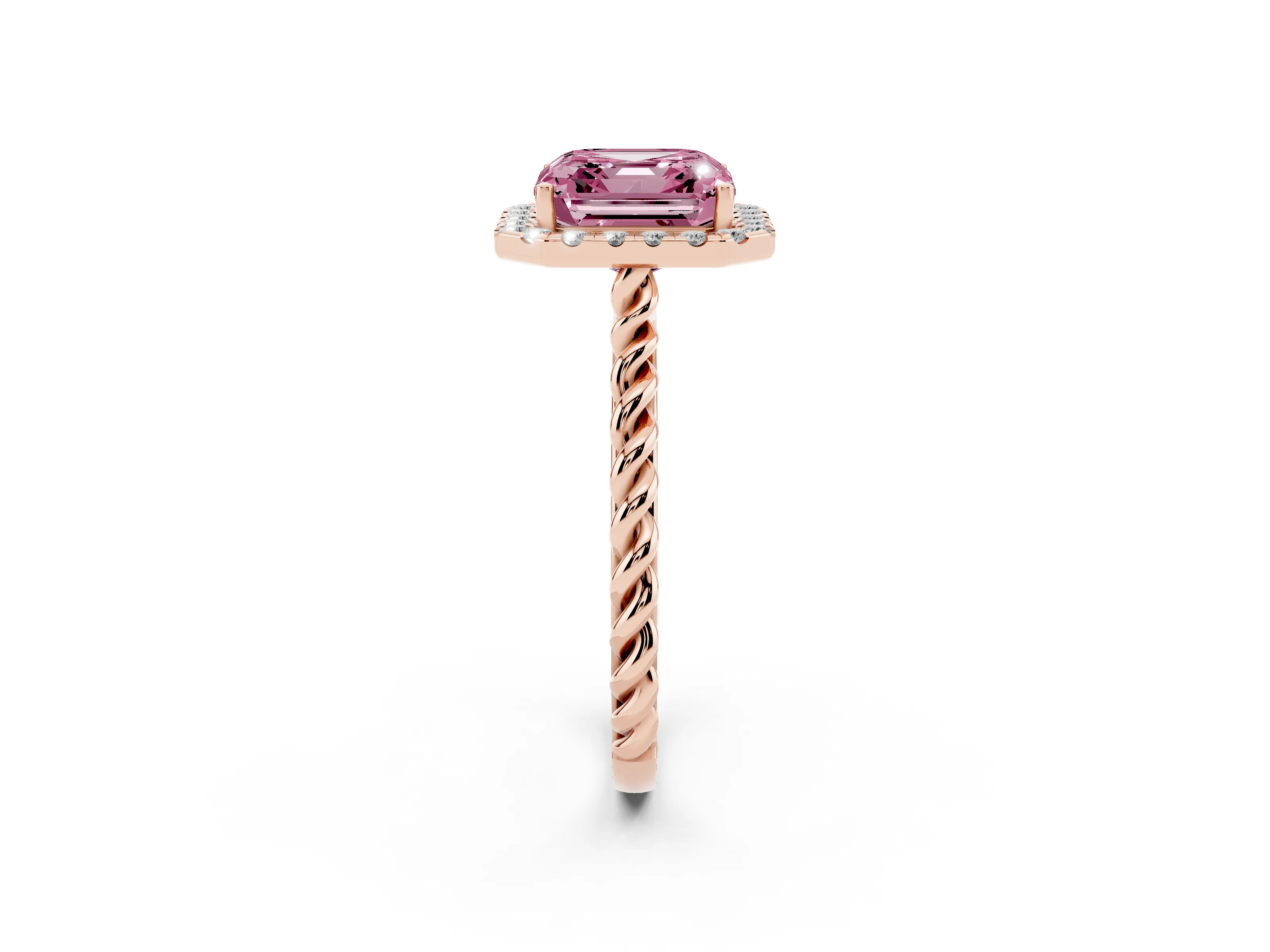 Fancy Pink Asscher Cut Diamond Halo Ring Set in Rose gold with Plain Twisted Band
