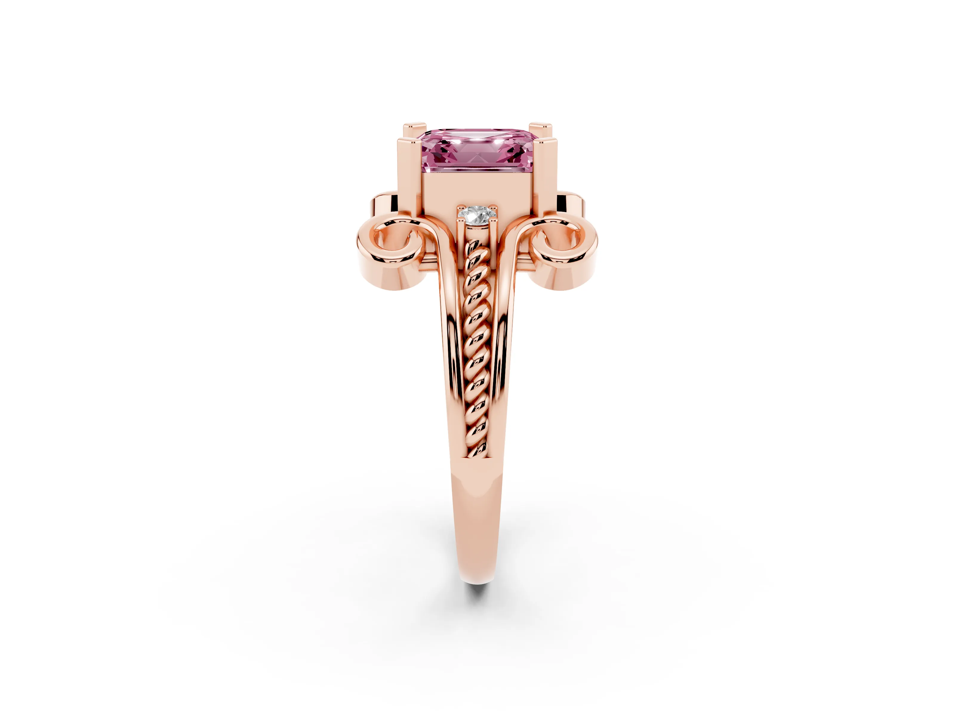 Fancy Pink Asscher Cut Diamond Twisted Band Solitaire Ring Set in Rose gold with Scroll Prongs