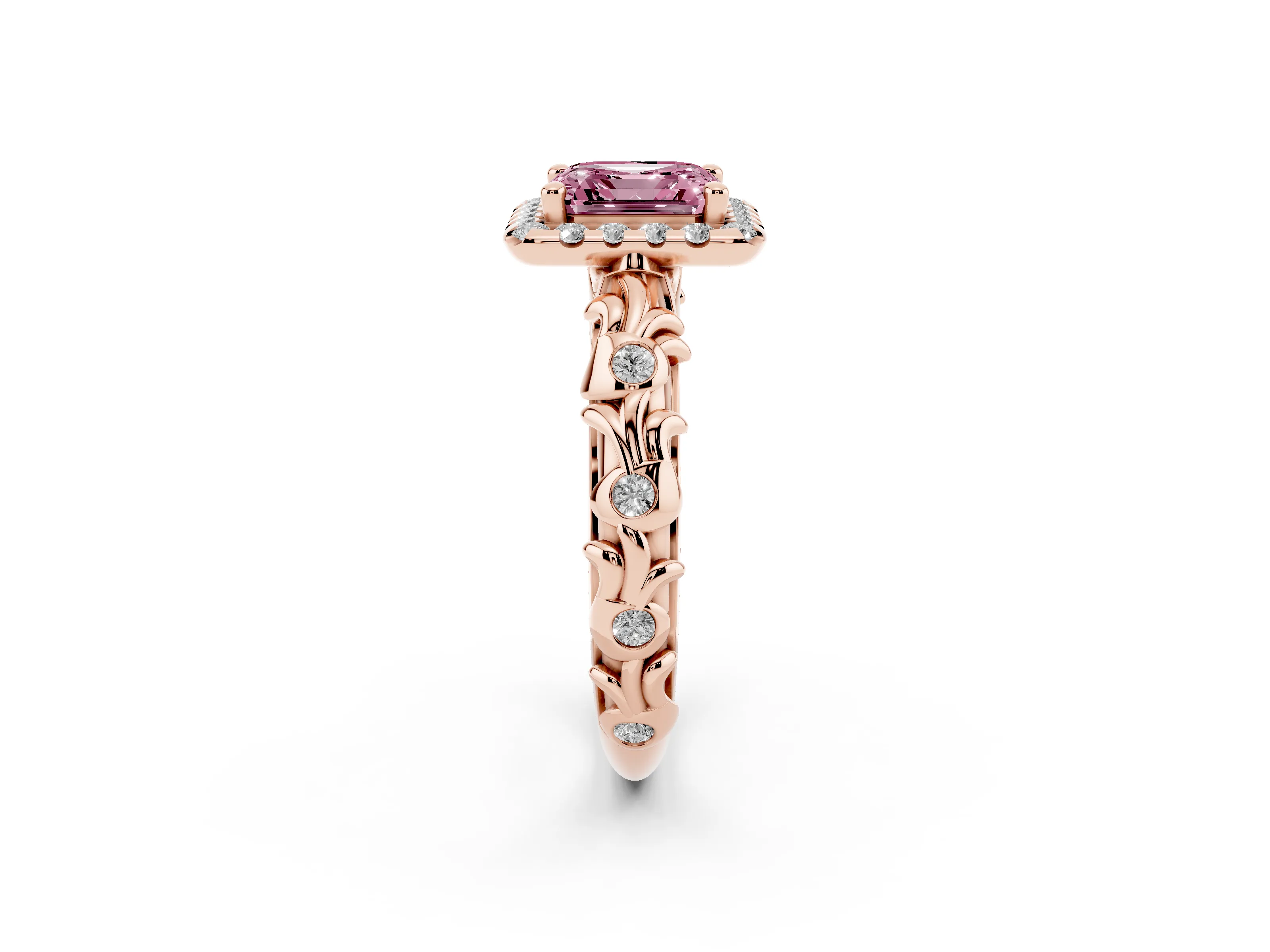 Fancy Pink Asscher Cut Diamond Halo Ring Set in Rose gold with Filigree Leaf Band and Prong Setting