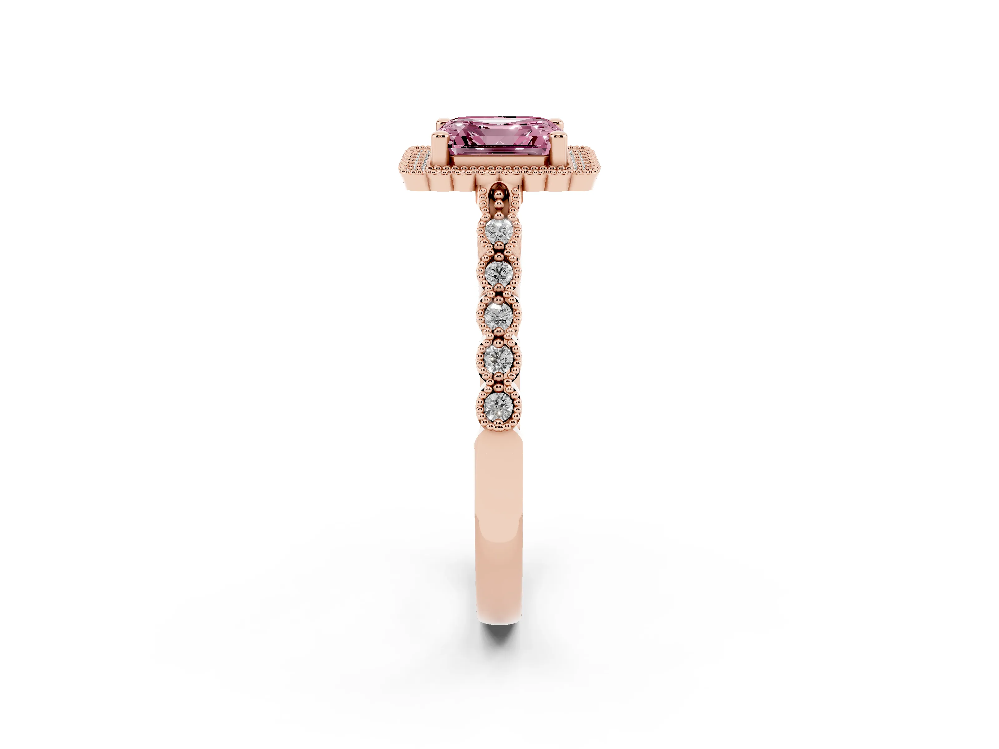 Fancy Pink Asscher Cut Diamond Halo Ring Set in Rose gold with Pavé Milgrain Band