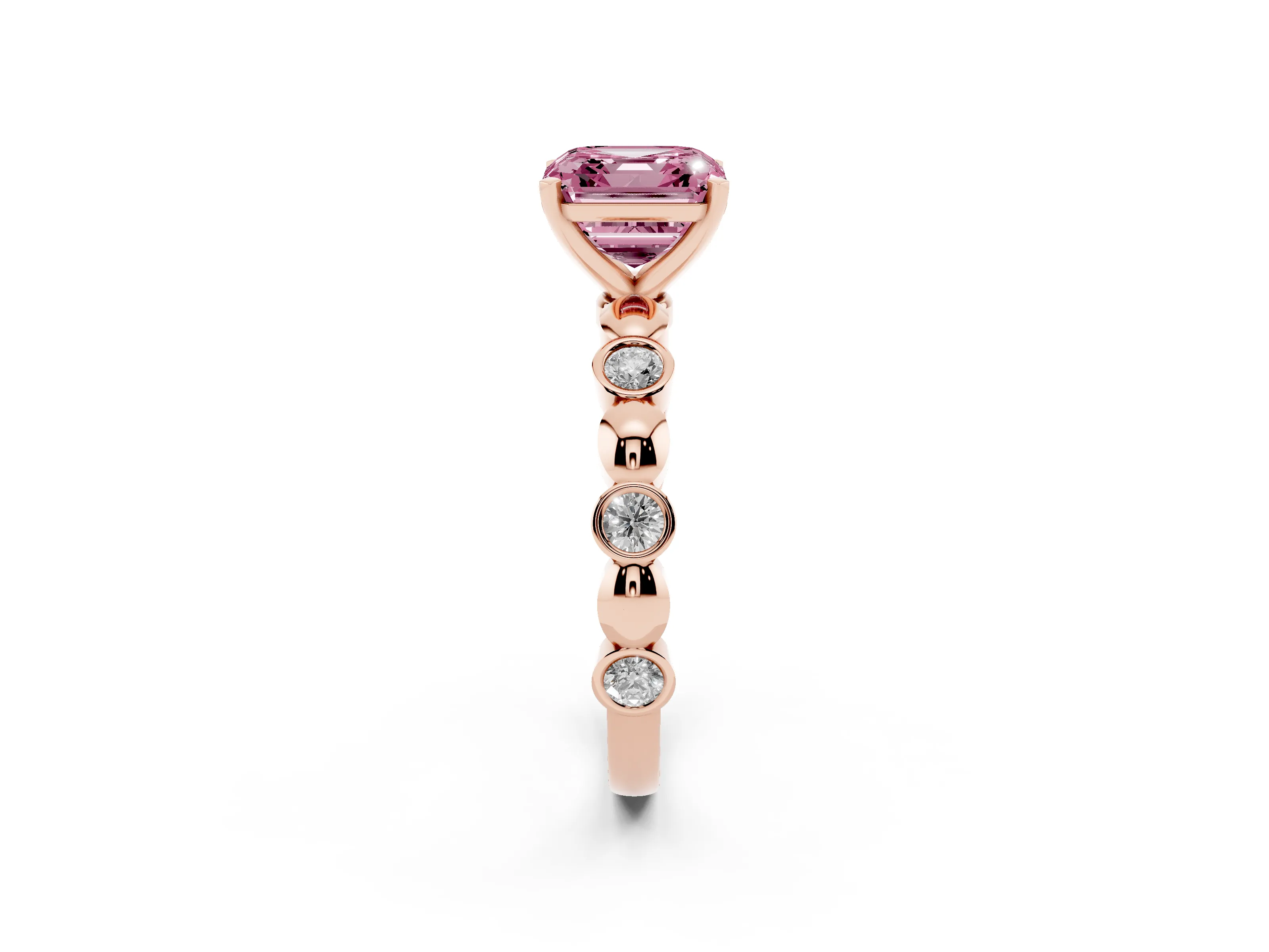 Fancy Pink Asscher Cut Diamond Solitaire Ring Set in Rose gold with Bezel-Set Accents on Beaded Band and Prong Setting