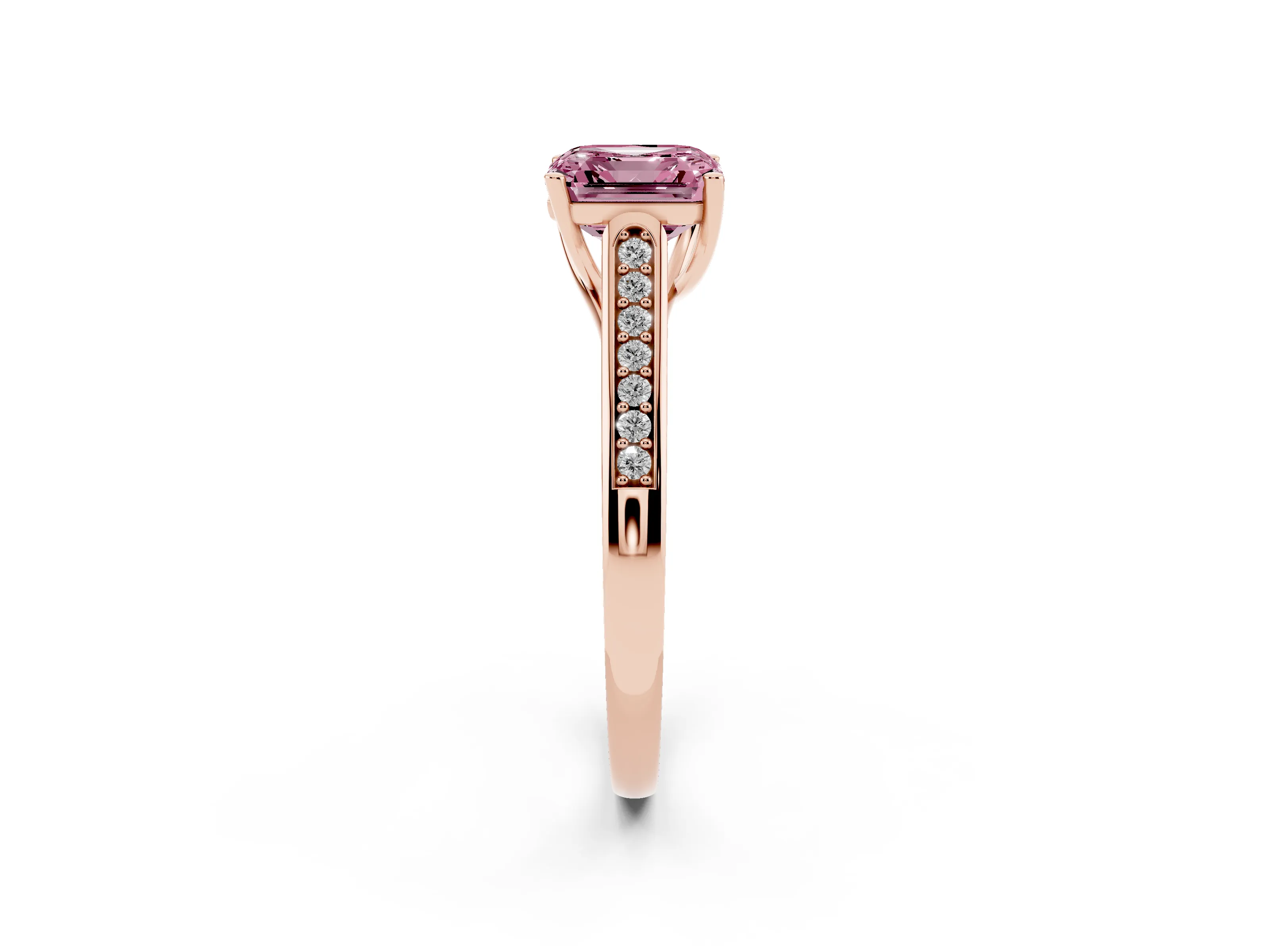 Fancy Pink Asscher Cut Diamond Solitaire Cathedral Engagement Ring Set in Rose gold with Channel-Set Band and Prong Setting