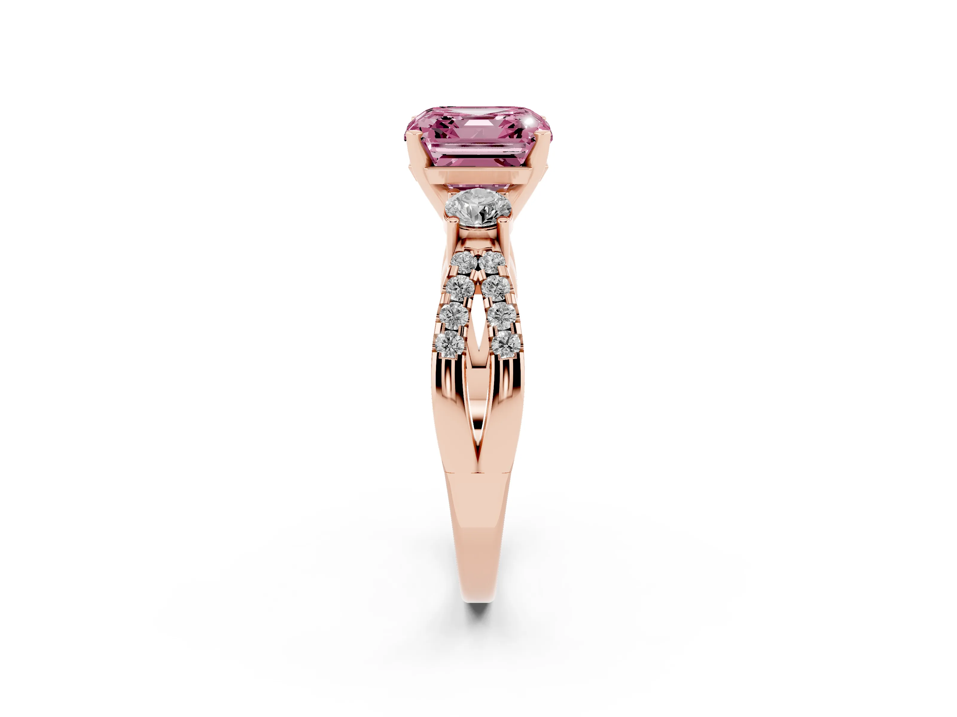Fancy Pink Asscher Cut Diamond Three-Stone Ring Set in Rose gold with Pavé Split Shank and Prong Setting
