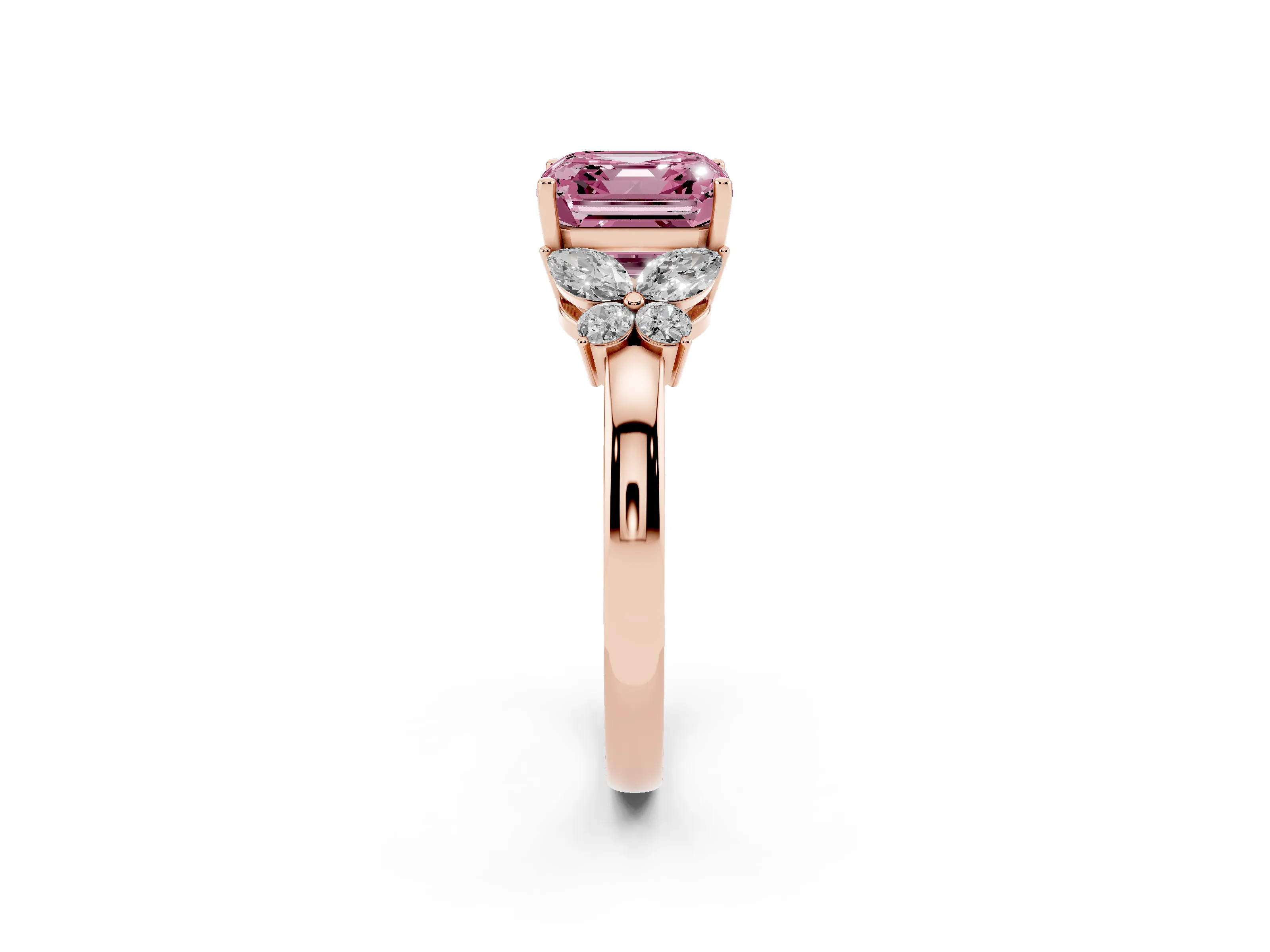 Fancy Pink Asscher Cut Diamond Solitaire Floral Ring Set in Rose gold with Marquise Petals and Prong Setting