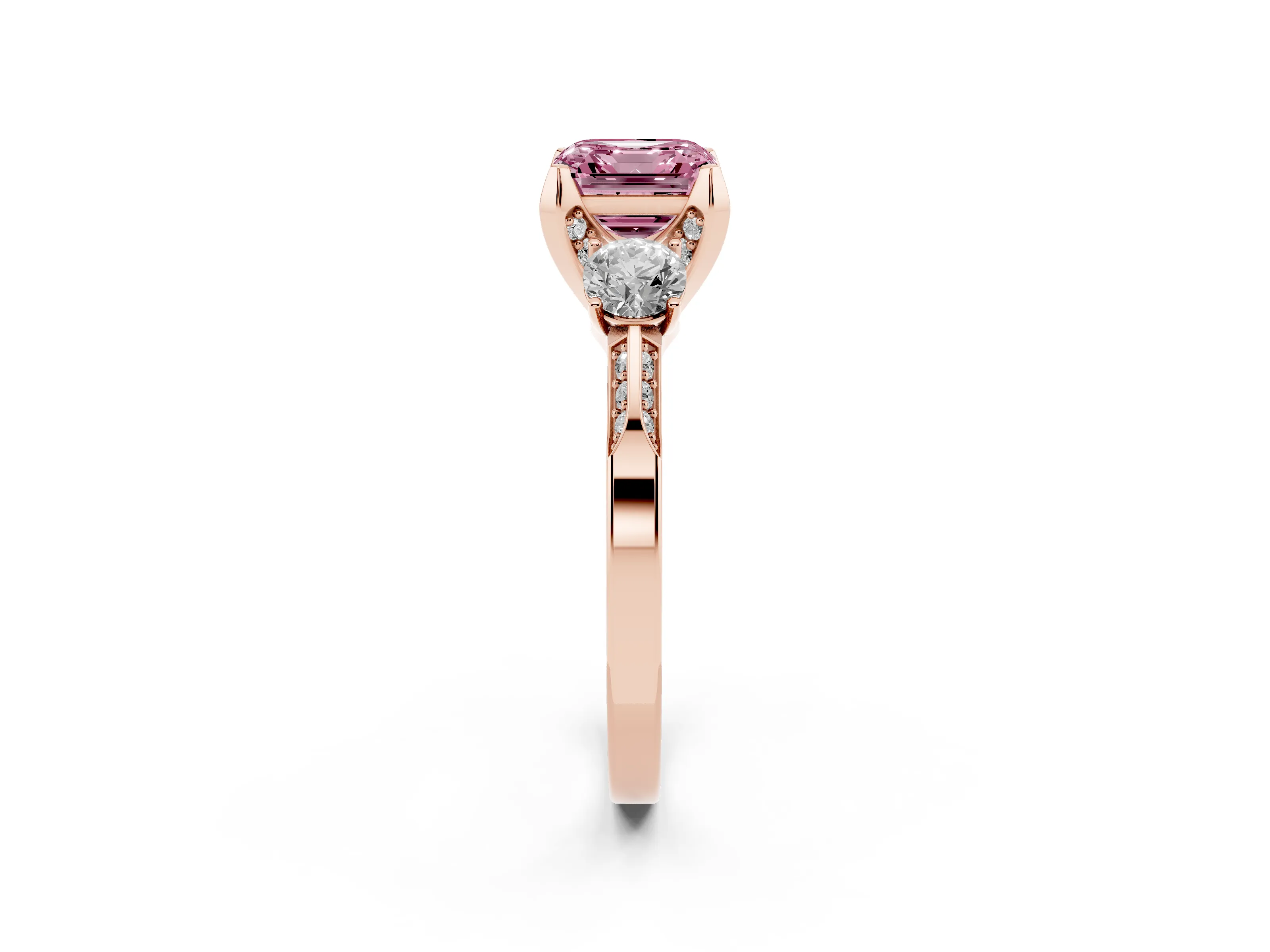 Fancy Pink Asscher Cut Diamond Three-Stone Ring Set in Rose gold with Pavé Band and Smaller Side Stones