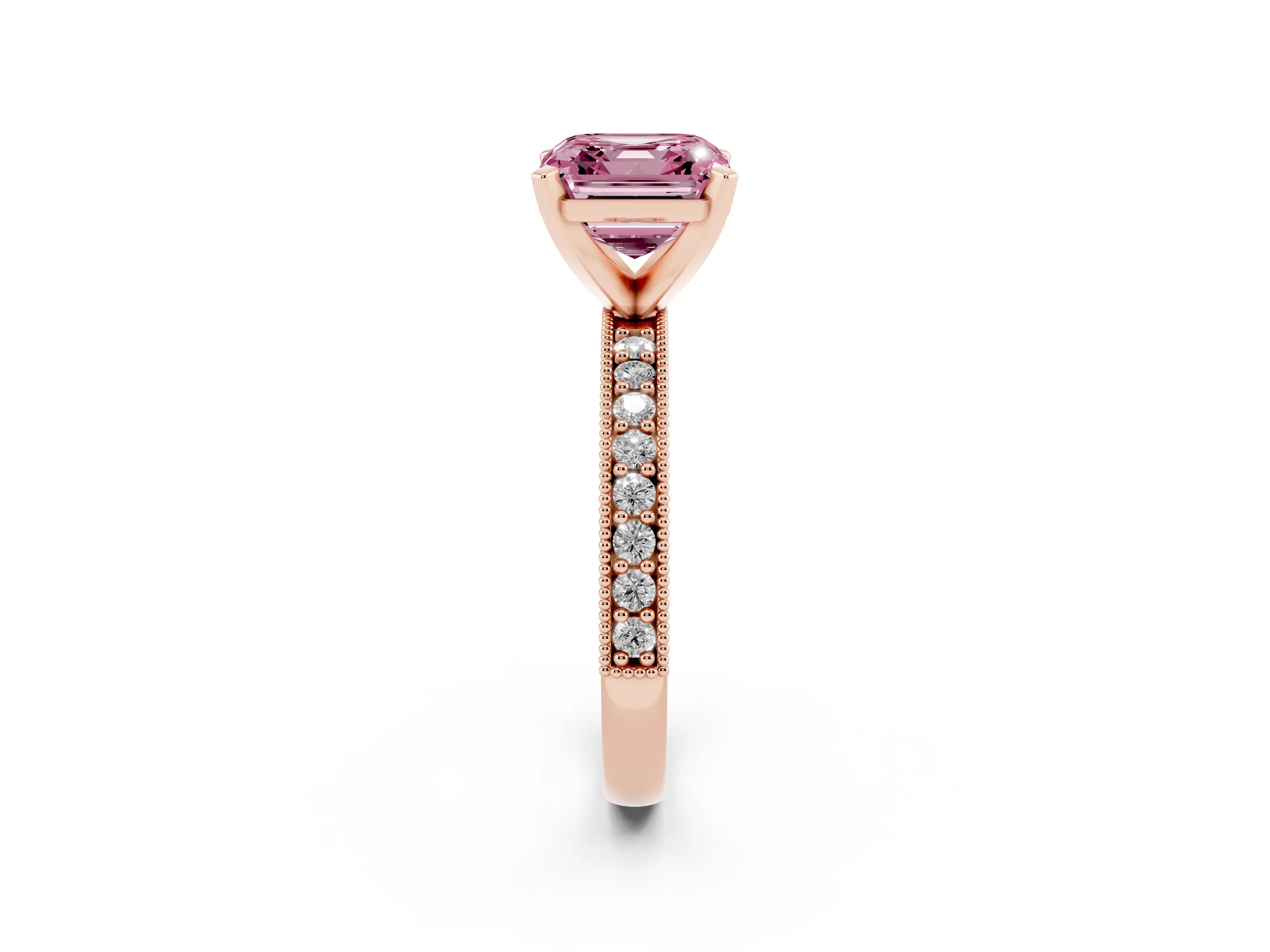 Fancy Pink Asscher Cut Diamond Milgrain Pavé Engagement Ring Set in Rose gold with Prong Setting
