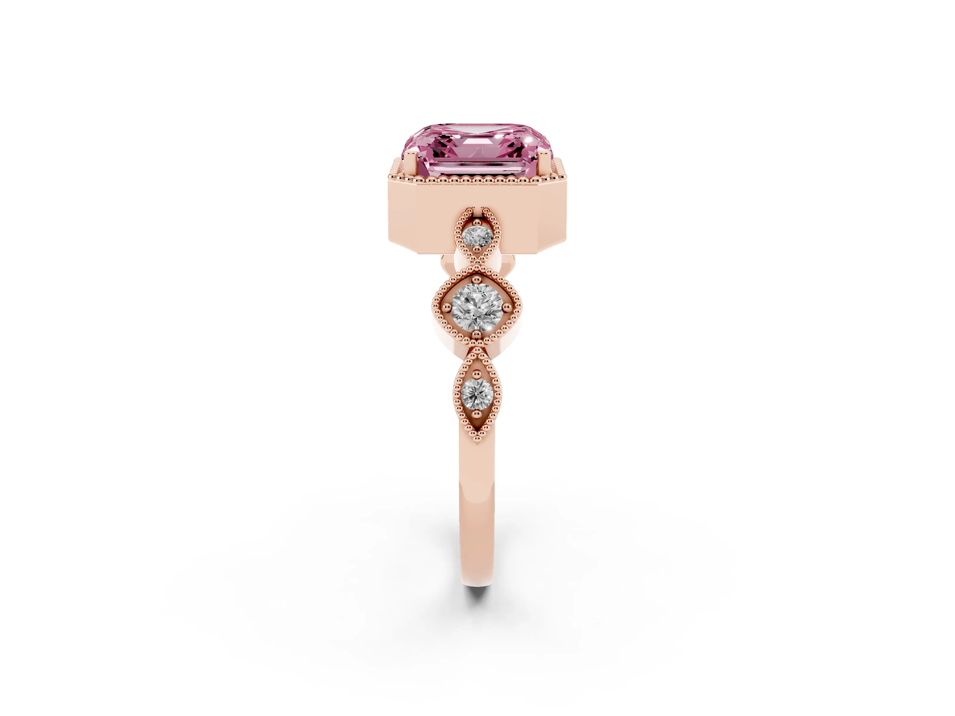 Fancy Pink Asscher Cut Diamond Vintage-Inspired Milgrain Ring Set in Rose gold with Marquise Stations of Round Accents