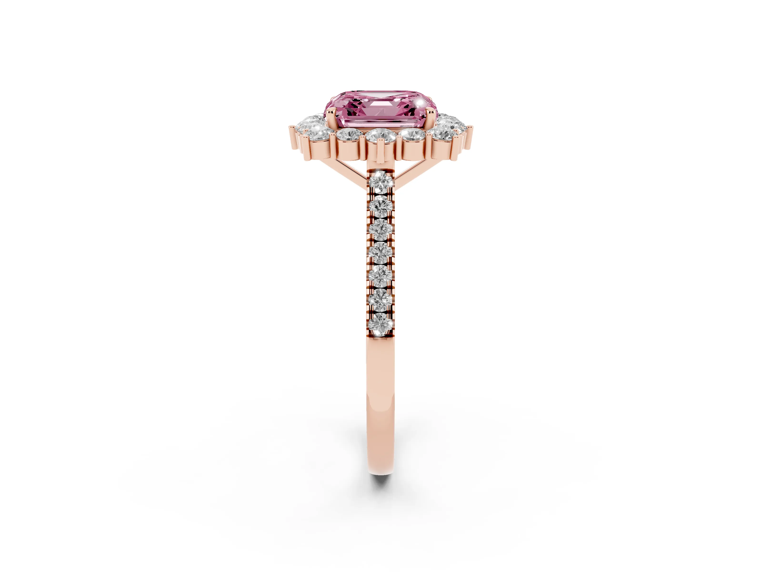 Fancy Pink Asscher Cut Diamond Halo Ring Set in Rose gold with Pavé Band and Prong Setting