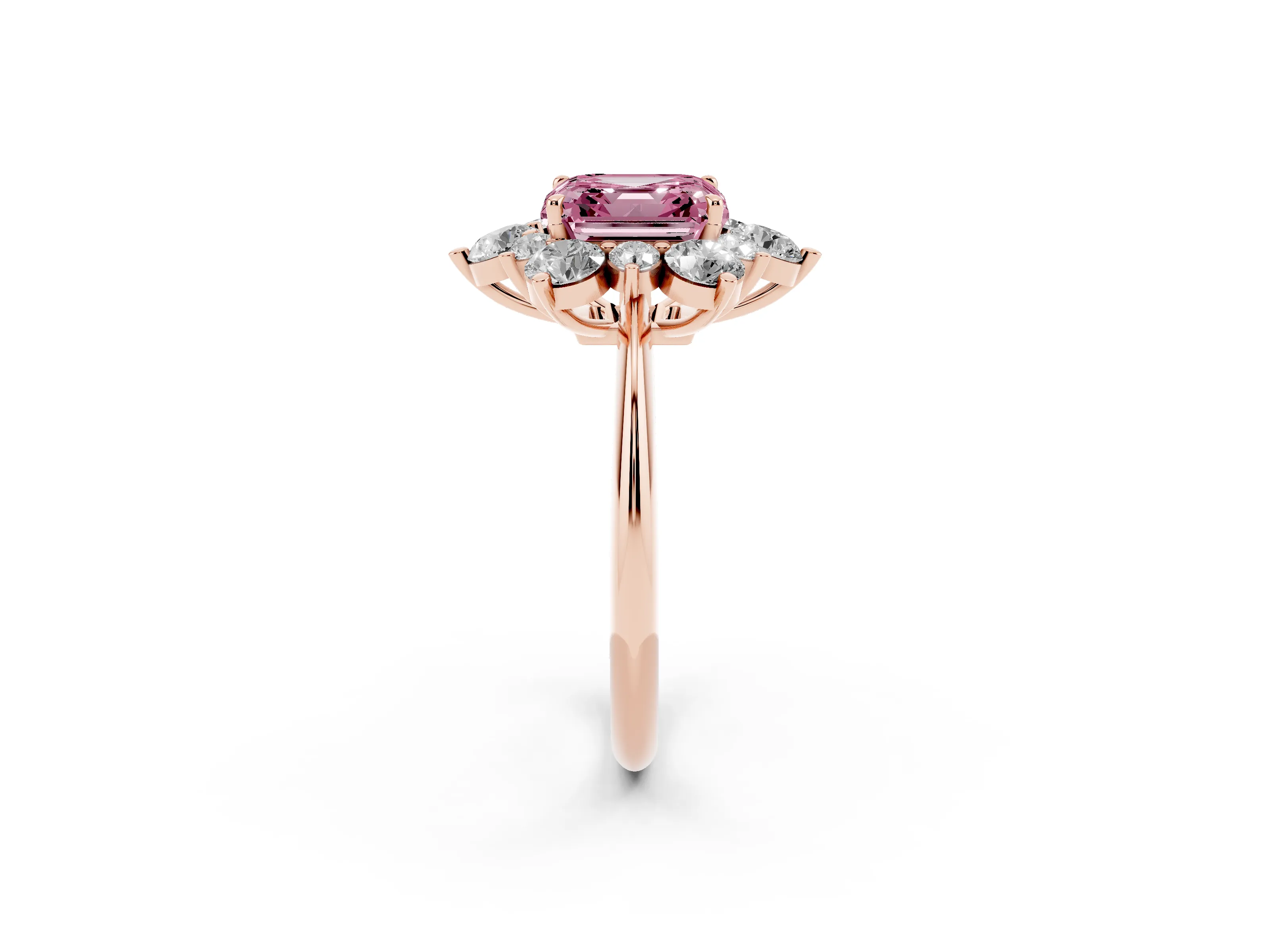 Fancy Pink Asscher Cut Diamond Cluster Halo Ring Set in Rose gold with Solitaire Band and Prong Setting