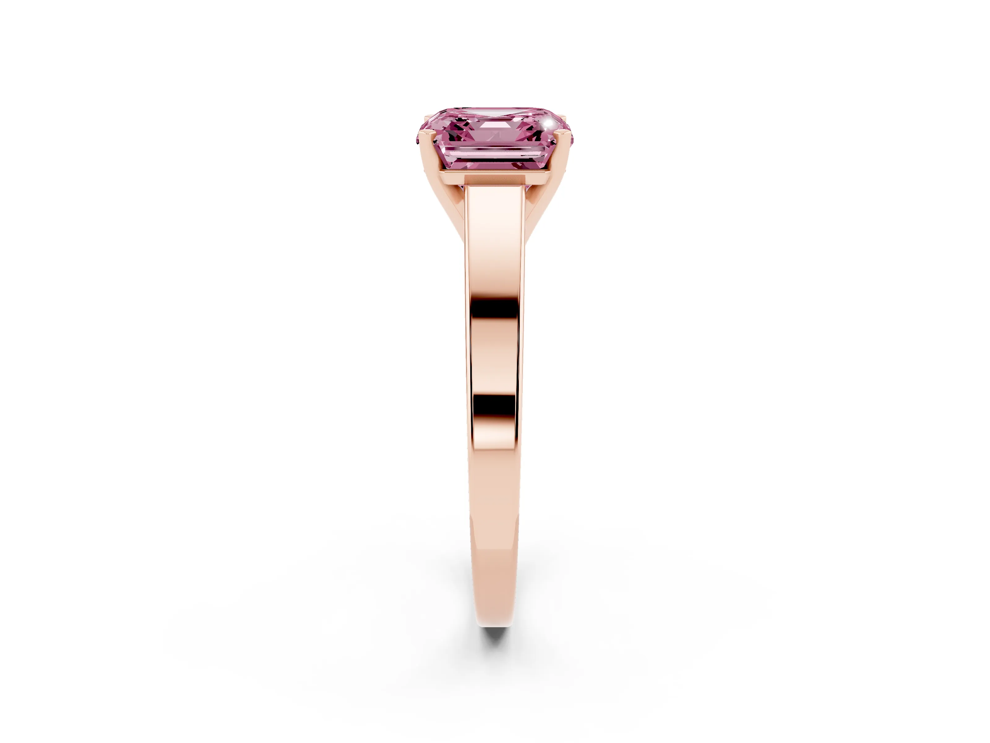 Fancy Pink Asscher Cut Diamond Solitaire Engagement Ring Set in Rose gold with Prong Setting and Tapered Band