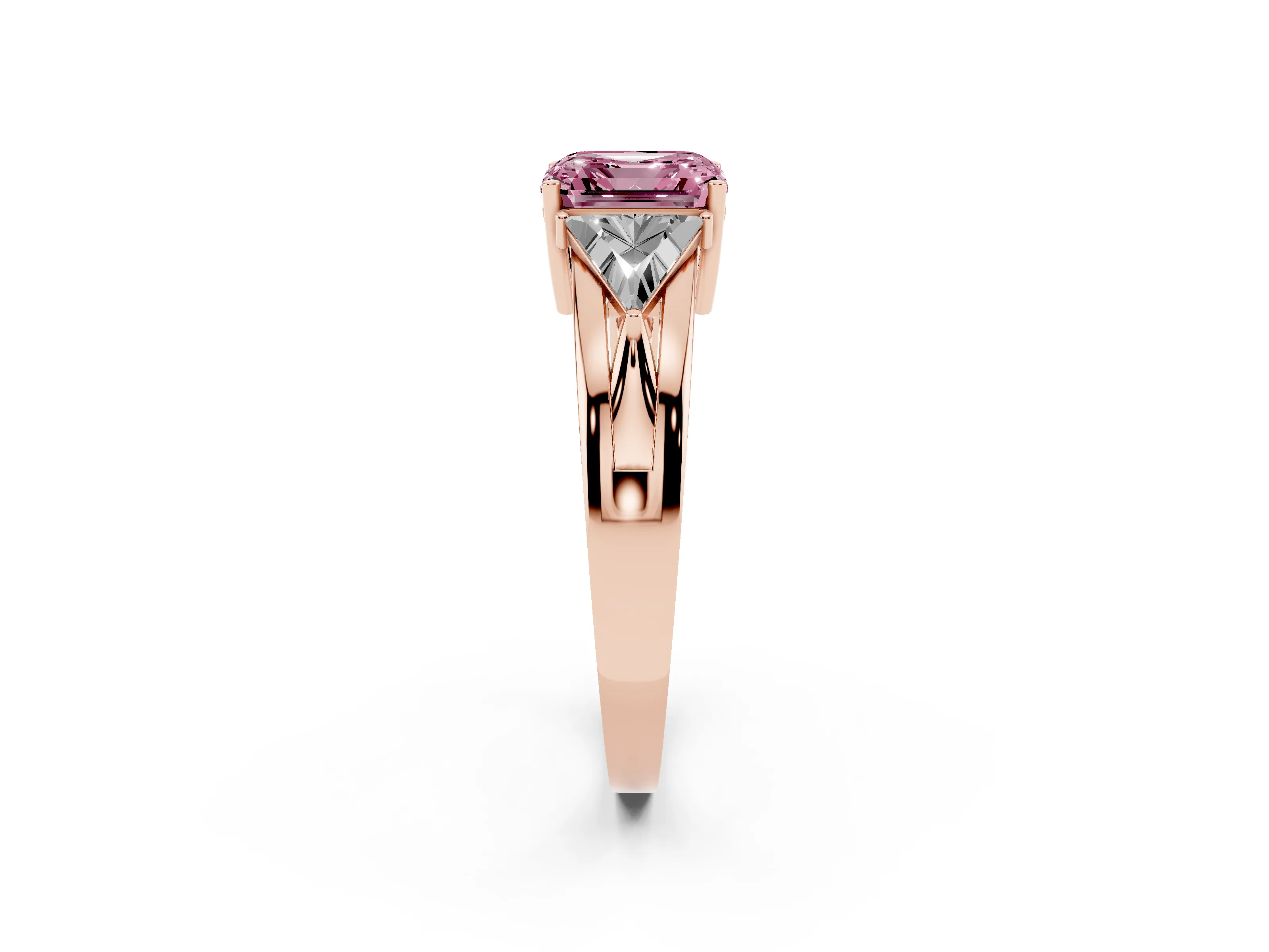 Fancy Pink Asscher Cut Diamond Three-Stone Ring Set in Rose gold with Trillion Side Stones and Split Shank