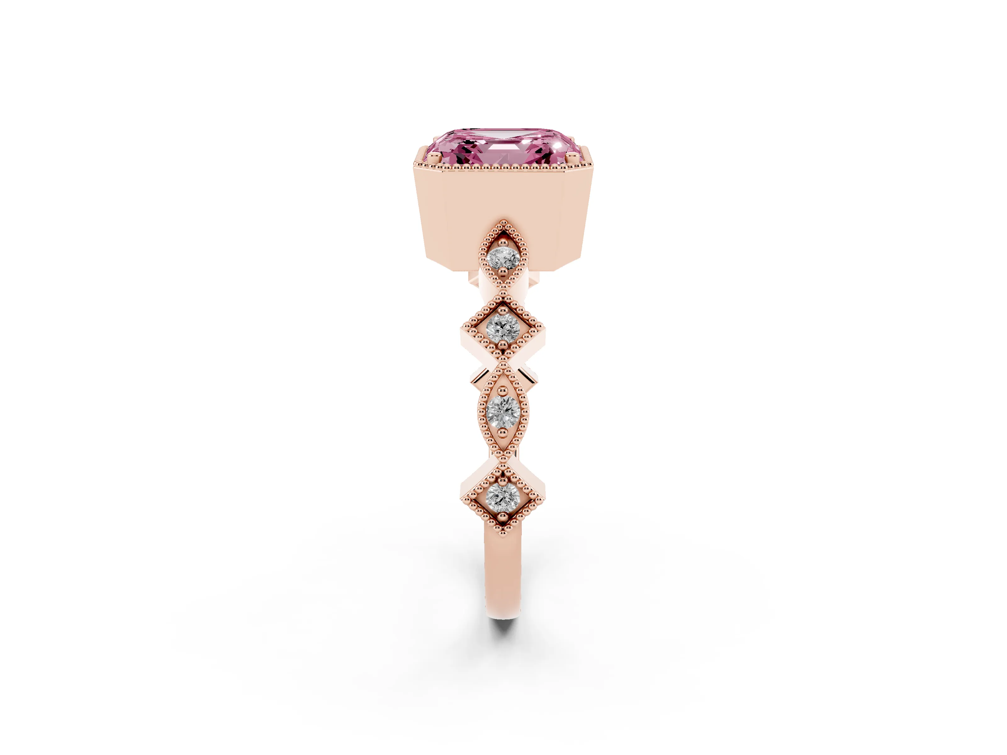 Fancy Pink Asscher Cut Diamond Milgrain Marquise Twist Band Ring Set in Rose gold with Prong Setting