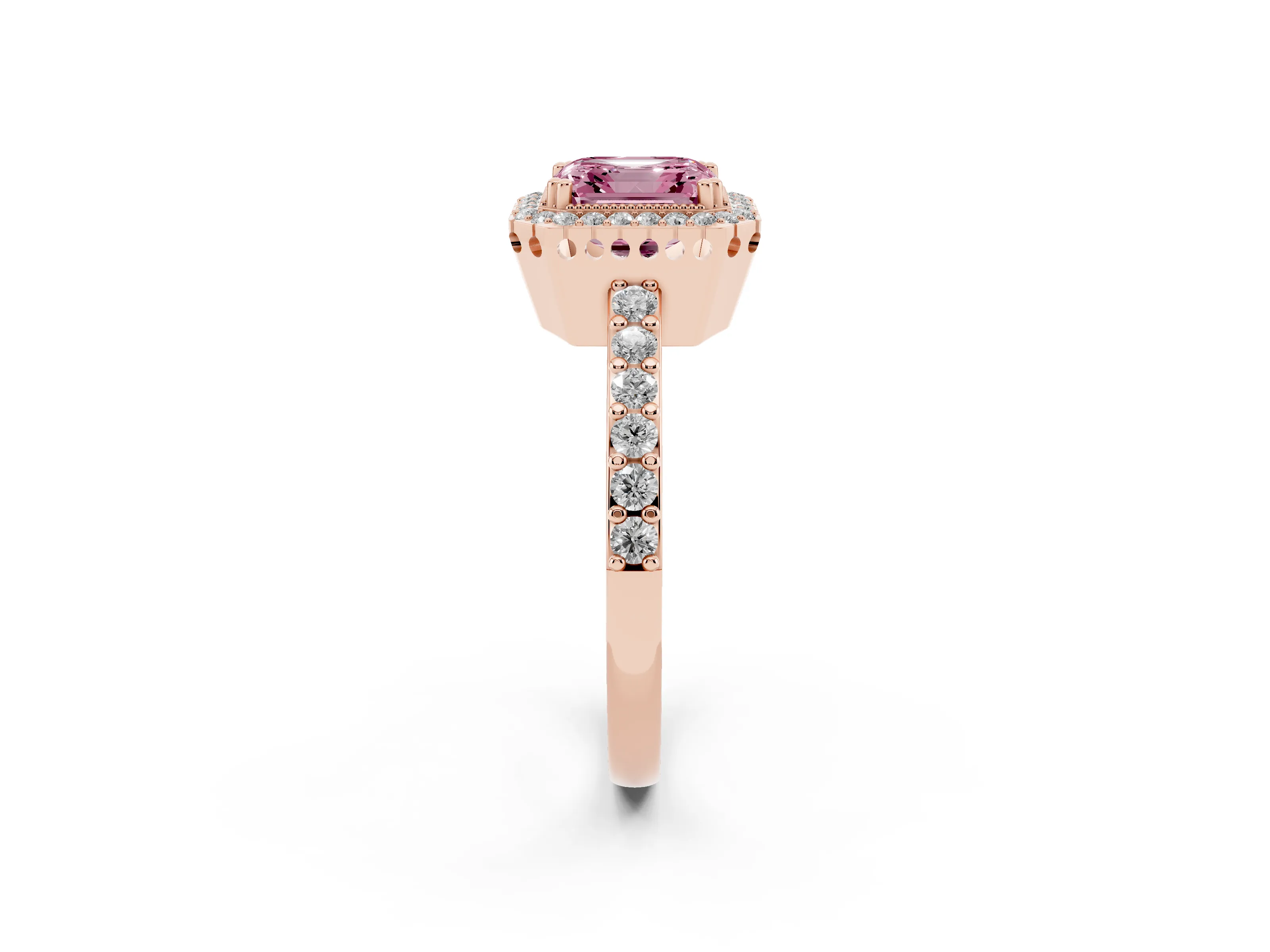 Fancy Pink Asscher Cut Diamond Halo Engagement Ring Set in Rose gold with Milgrain Detail and Pavé Band