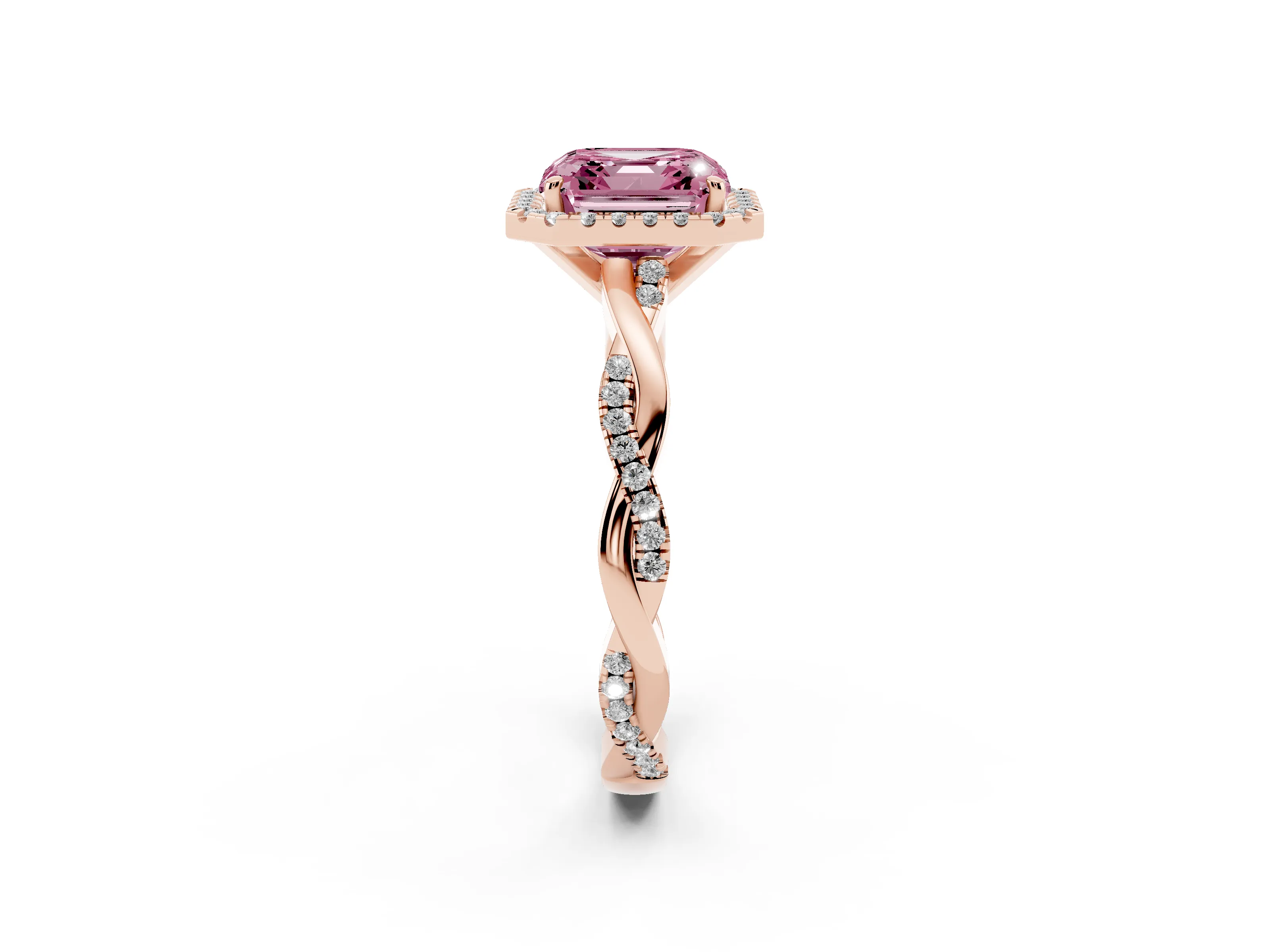 Fancy Pink Asscher Cut Diamond Halo Twisted Band Ring Set in Rose gold with Prong Setting