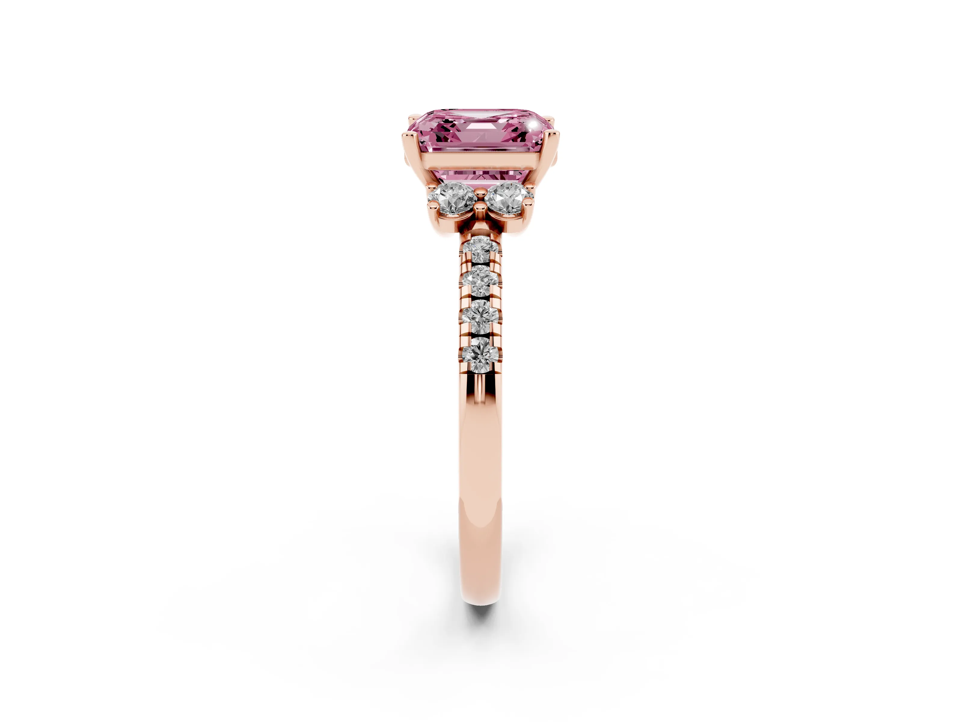 Fancy Pink Asscher Cut Diamond Three-Stone Pavé Ring Set in Rose gold with Prong Setting