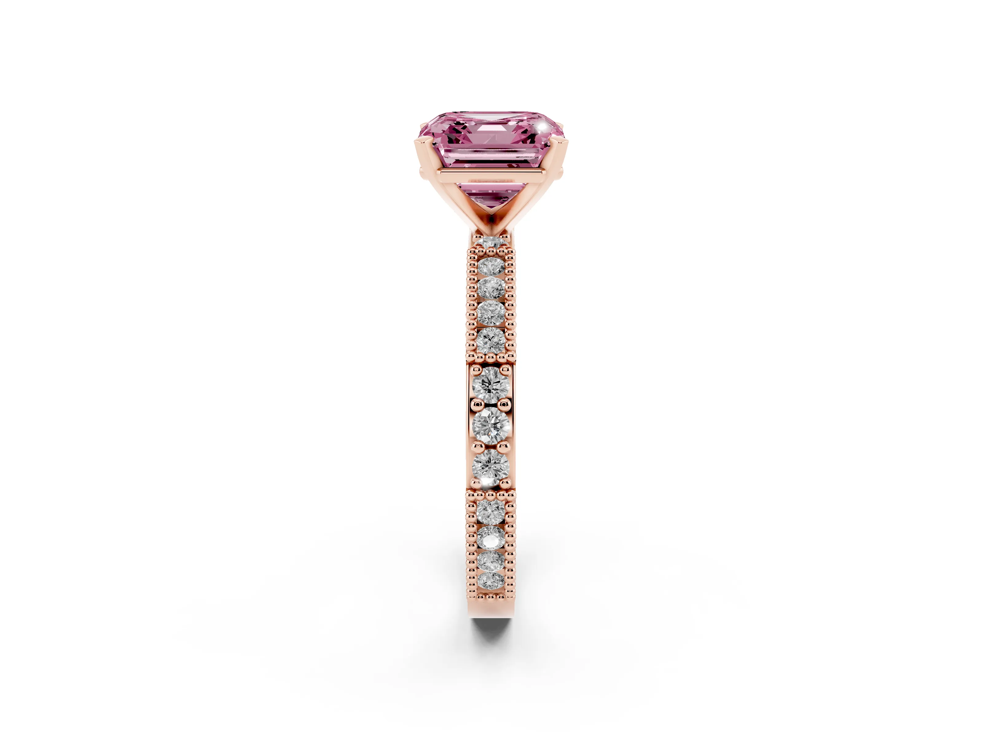 Fancy Pink Asscher Cut Diamond Solitaire Ring Set in Rose gold with Slim Pavé Band and Prong Setting