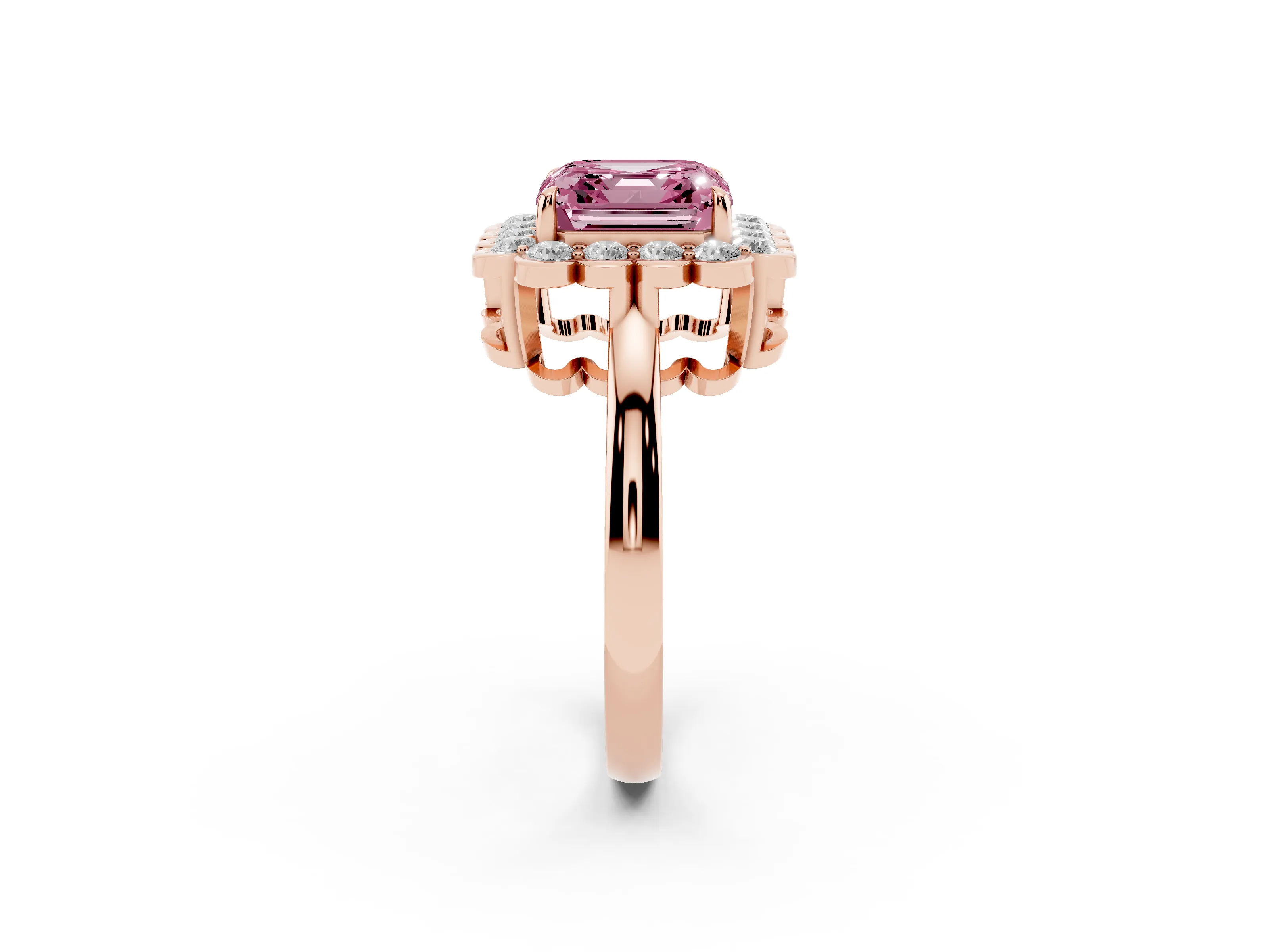 Fancy Pink Asscher Cut Diamond Halo Cluster Engagement Ring Set in Rose gold with Solitaire Band and Prong Setting