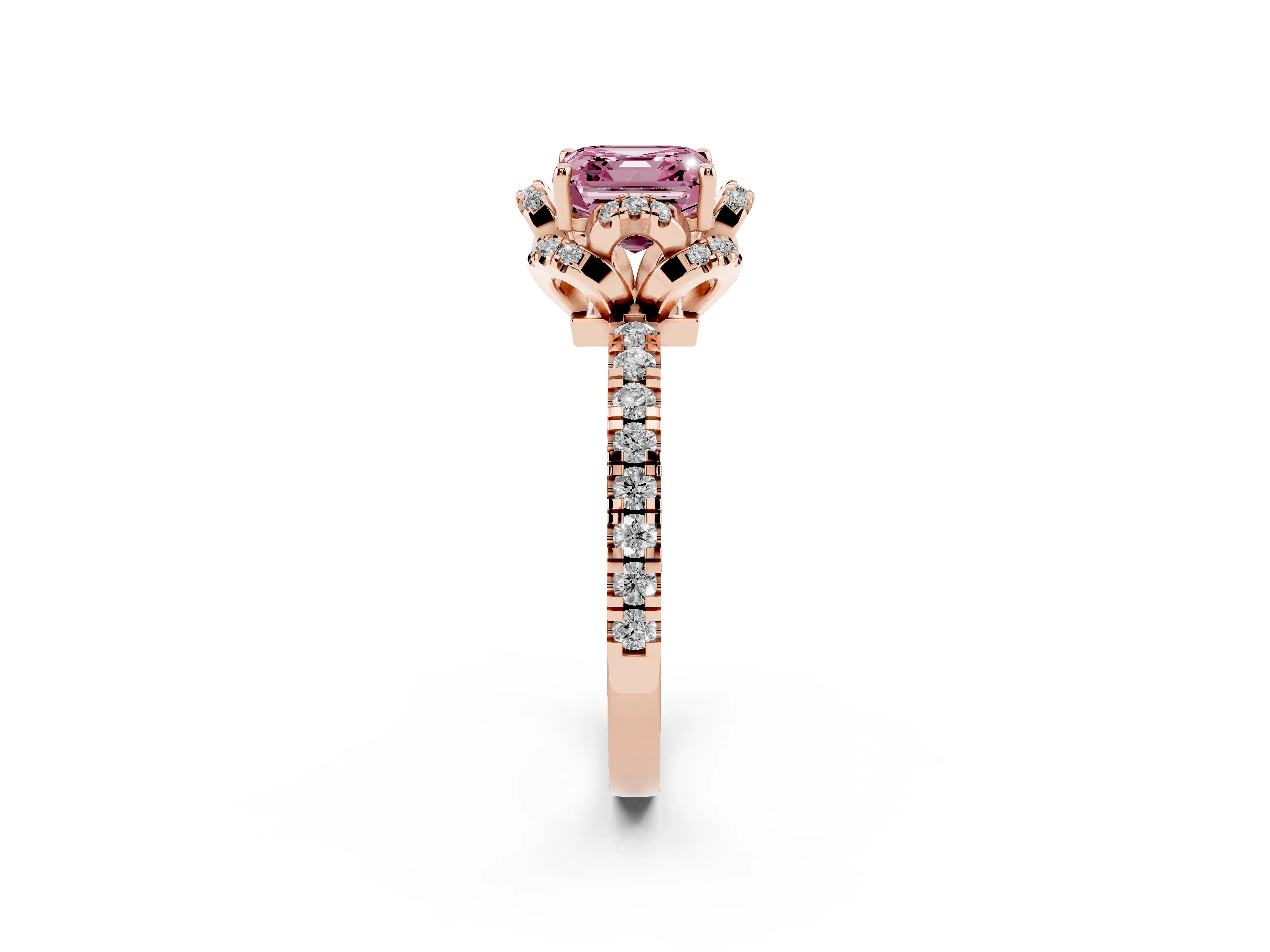 Fancy Pink Asscher Cut Diamond Halo Pavé Band Ring Set in Rose gold with Prong-Held Center