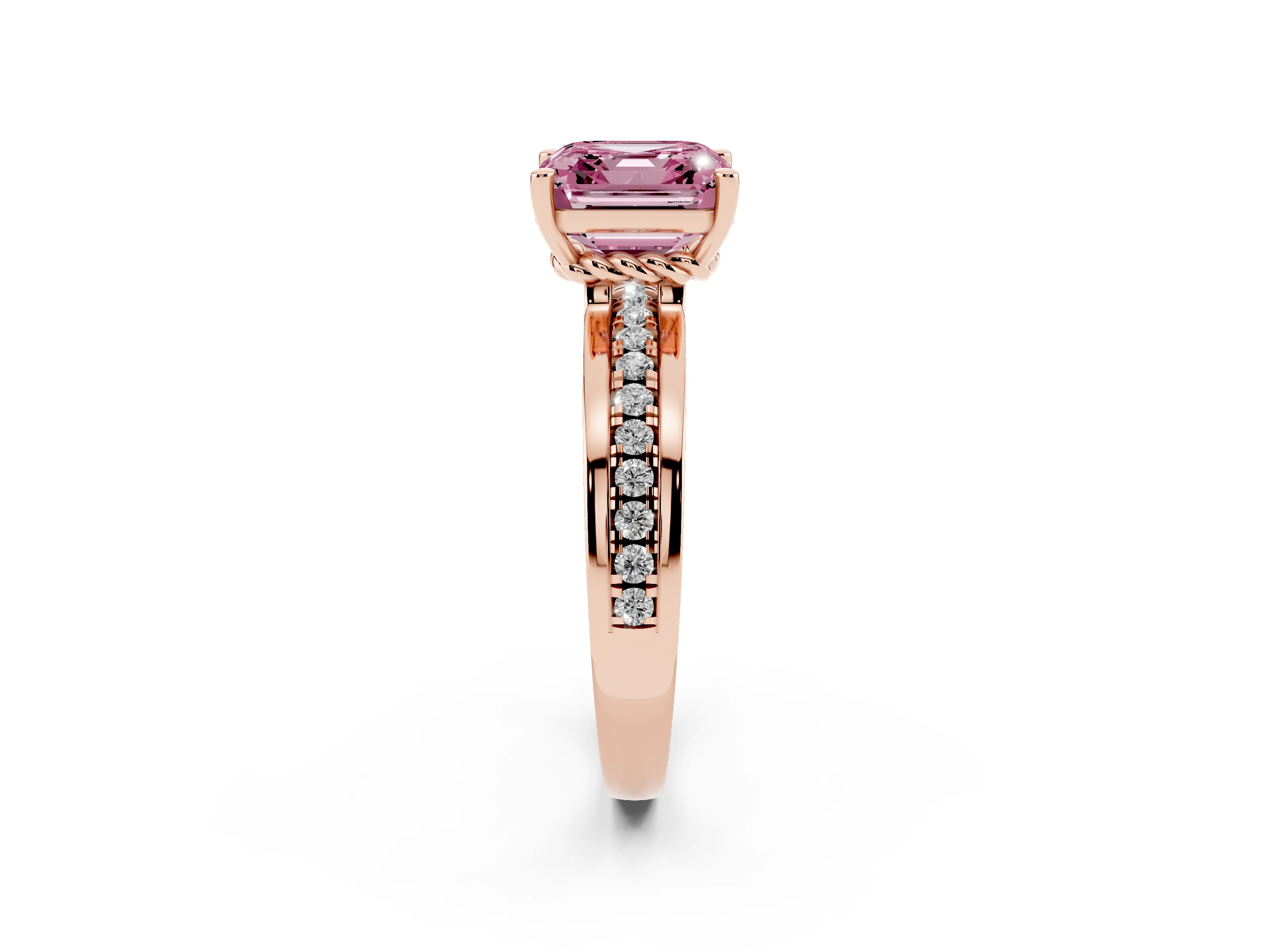 Fancy Pink Asscher Cut Diamond Solitaire Ring Set in Rose gold with Channel Set Band and Prong Setting