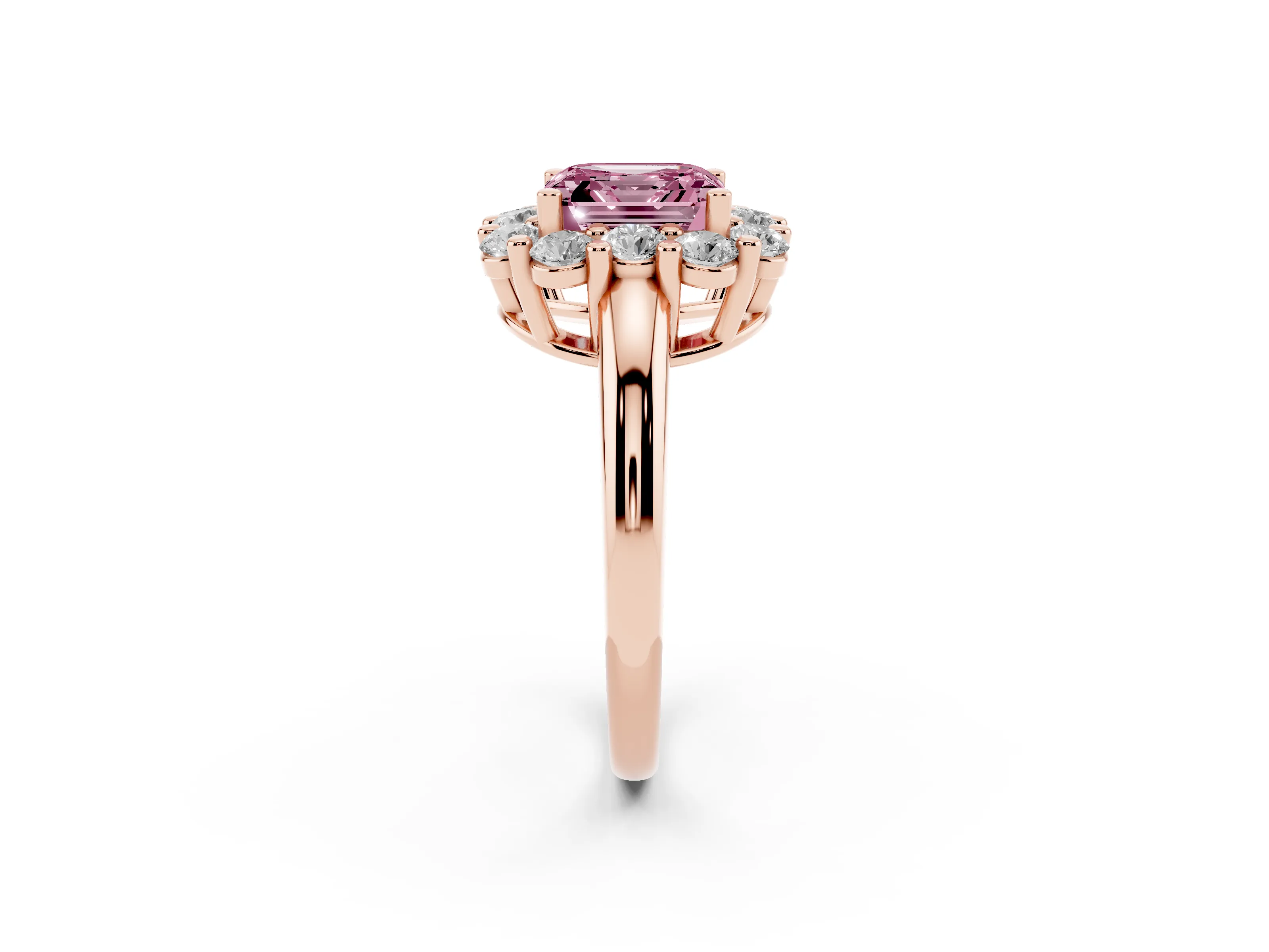 Fancy Pink Asscher Cut Diamond Halo Cluster Engagement Ring Set in Rose gold with Polished Band and Prong Setting