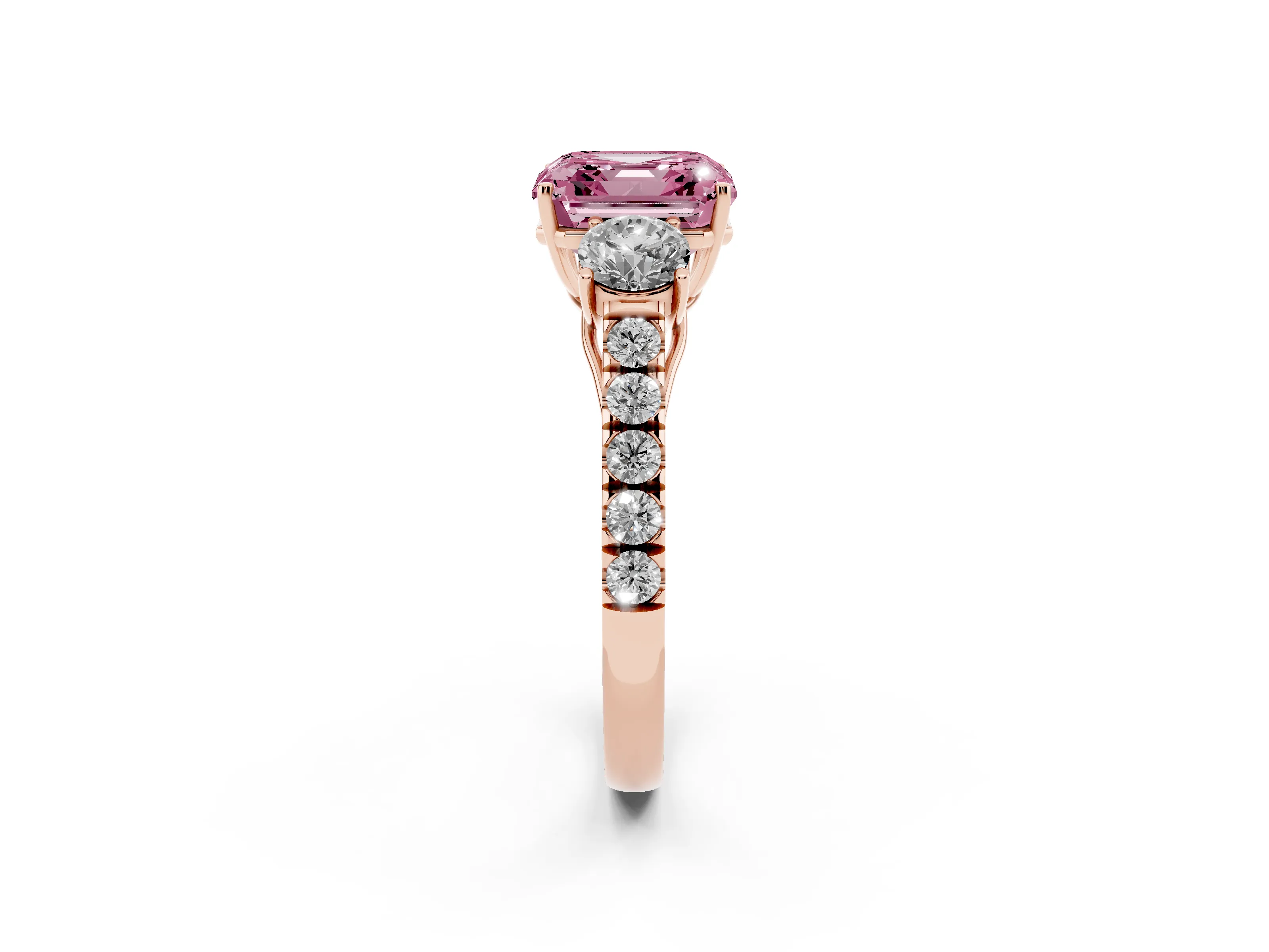 Fancy Pink Asscher Cut Diamond Three-Stone Ring Set in Rose gold with Round Side Stones and Delicate Pavé Band