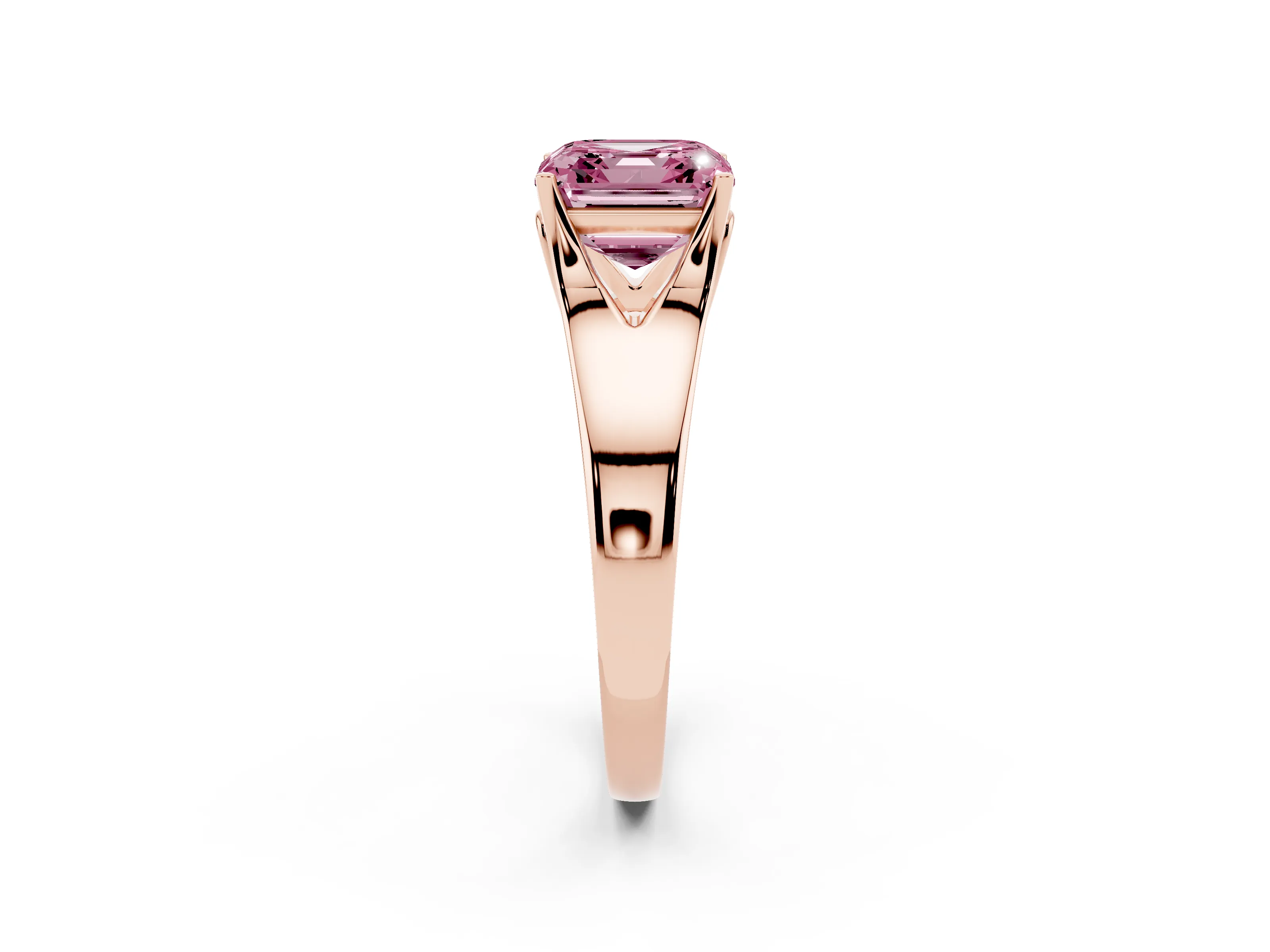 Fancy Pink Asscher Cut Diamond Solitaire Ring Set in Rose gold with Arched Cathedral Band and Prong Setting