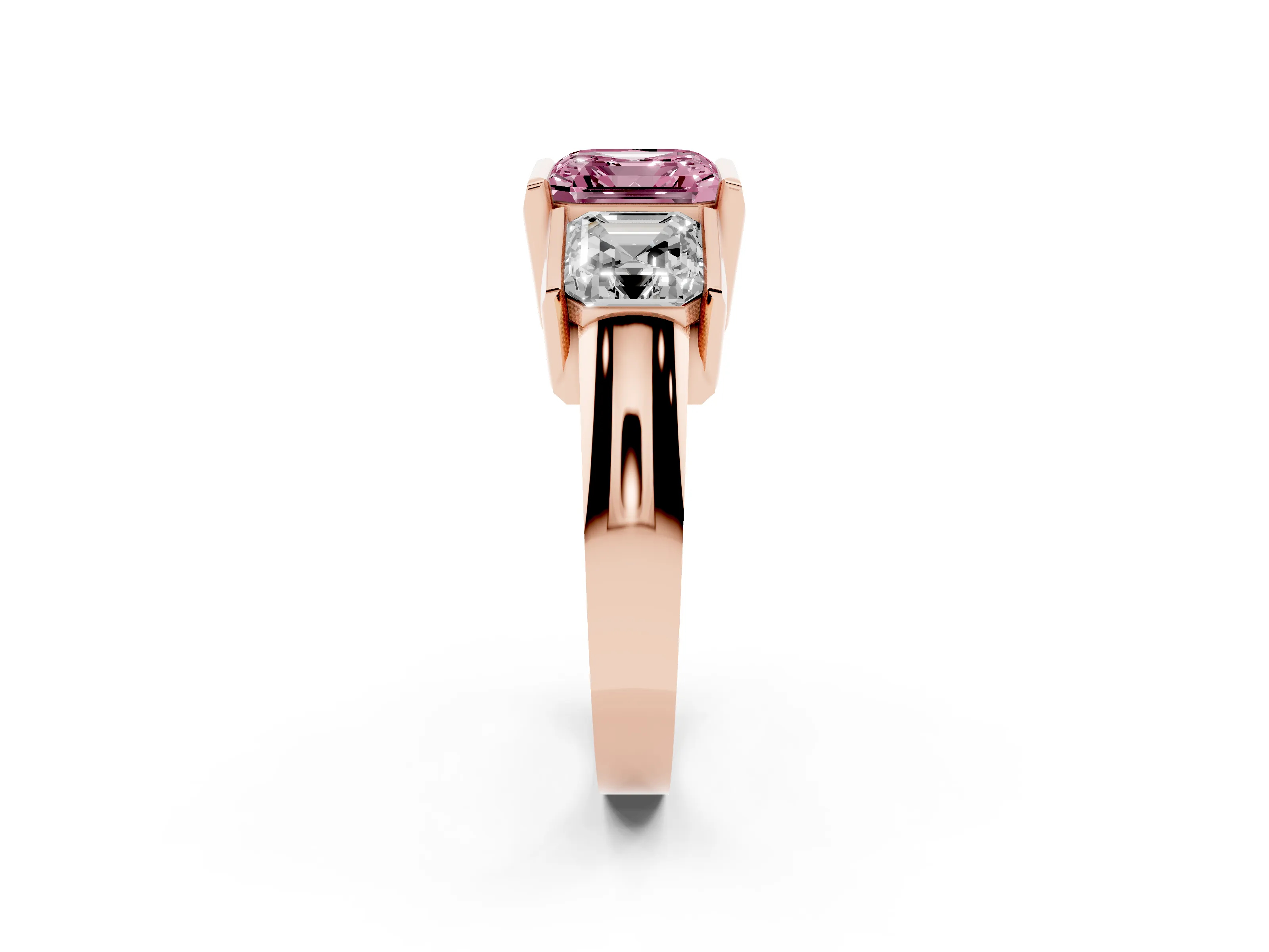 Fancy Pink Asscher Cut Diamond Three-Stone Channel Set Ring Set in Rose gold with Smooth Polished Band