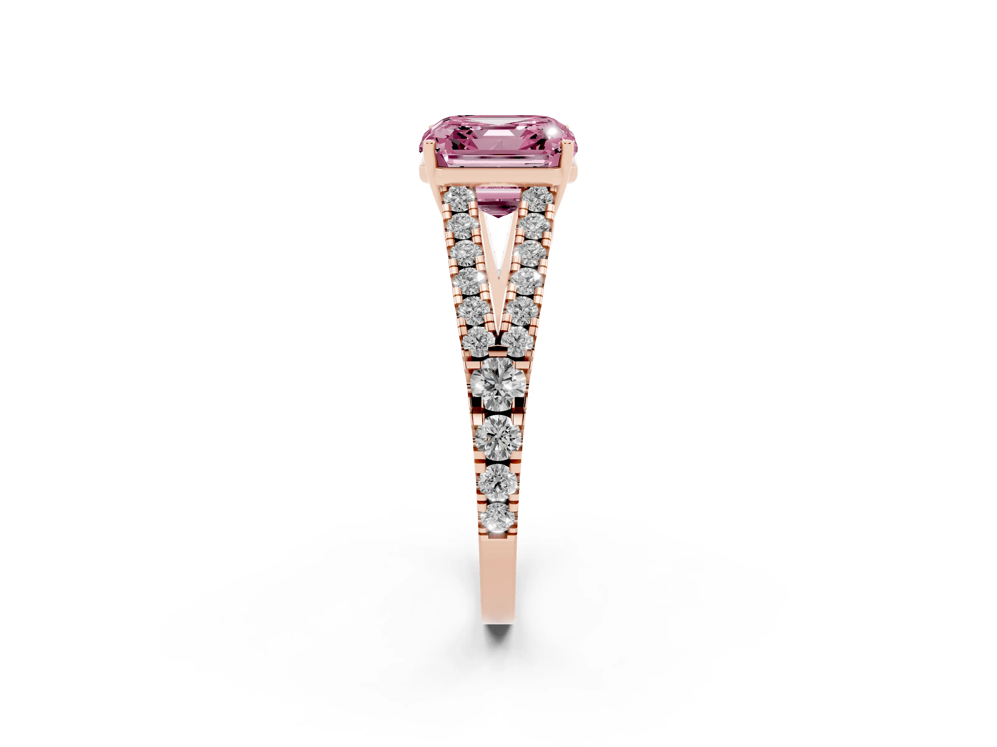 Fancy Pink Asscher Cut Diamond Split Shank Engagement Ring Set in Rose gold with Round Pavé and Prong Setting