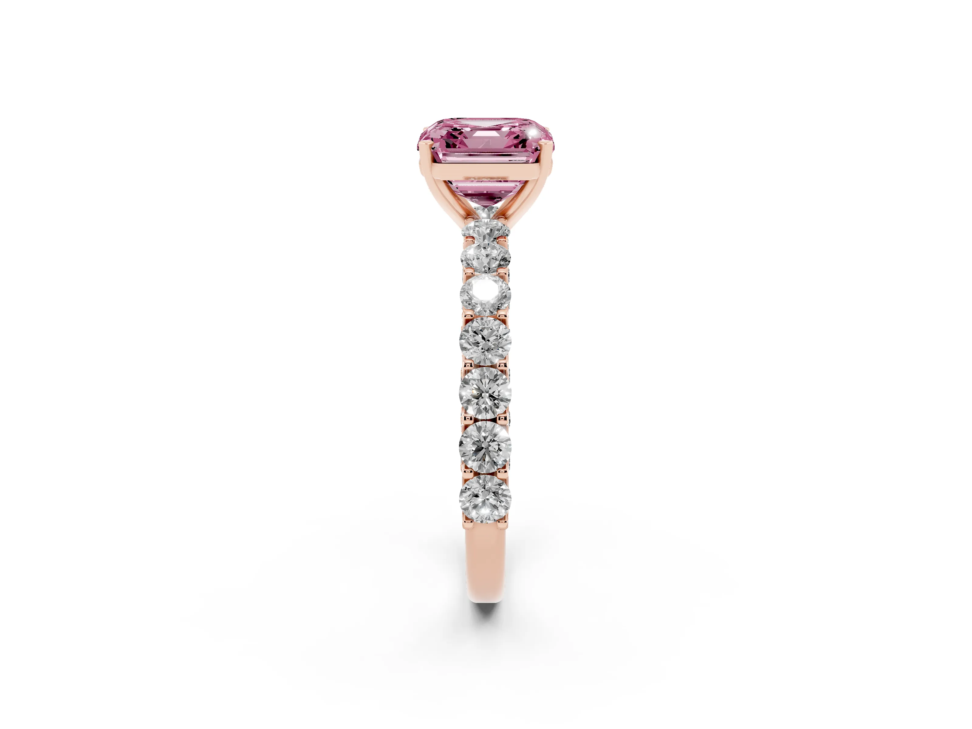 Fancy Pink Asscher Cut Diamond Solitaire Ring Set in Rose gold with Shared Prong Pavé Band