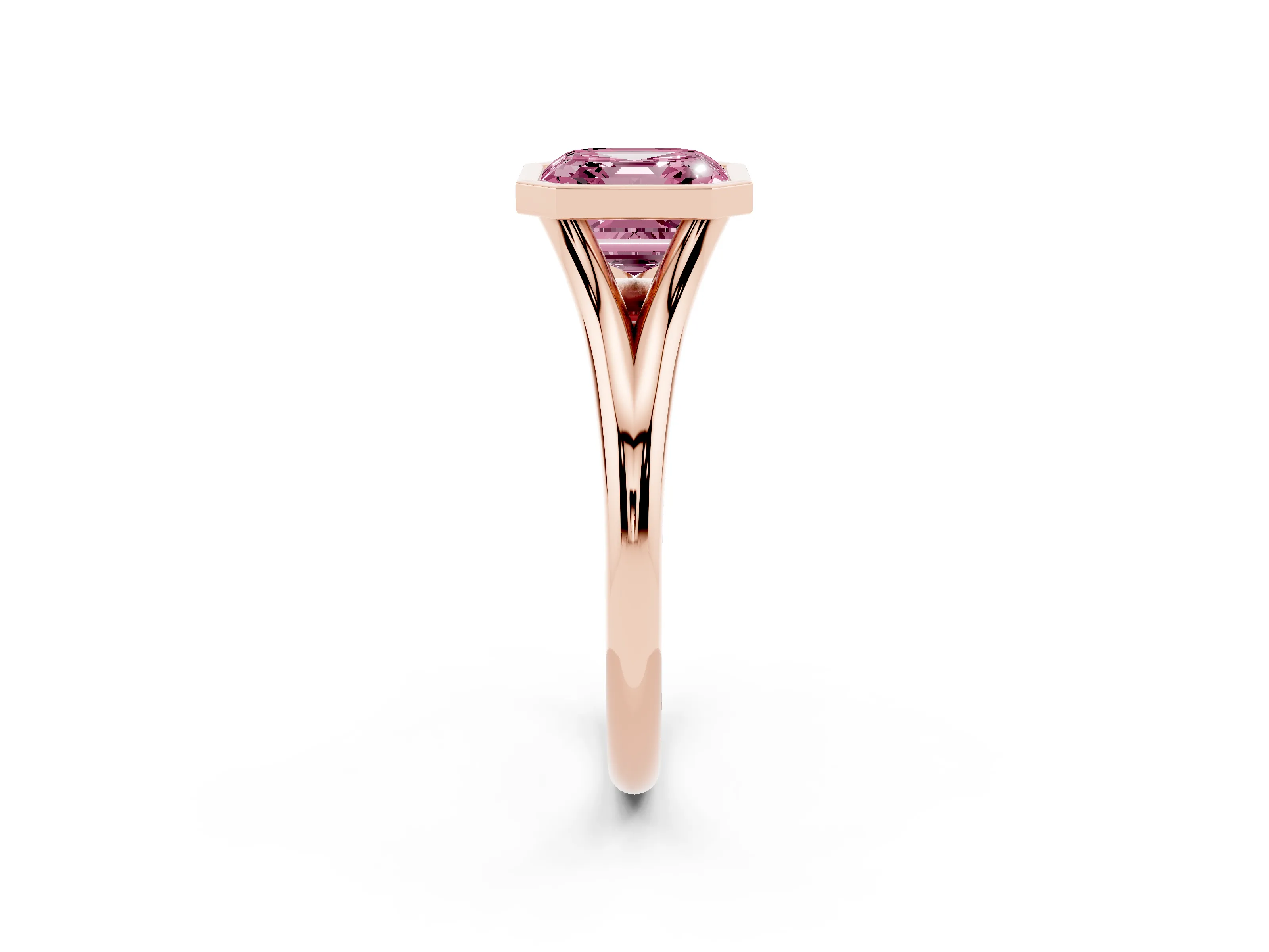 Fancy Pink Bezel Set Asscher Cut Diamond Solitaire Ring Set in Rose gold with Tapered Band