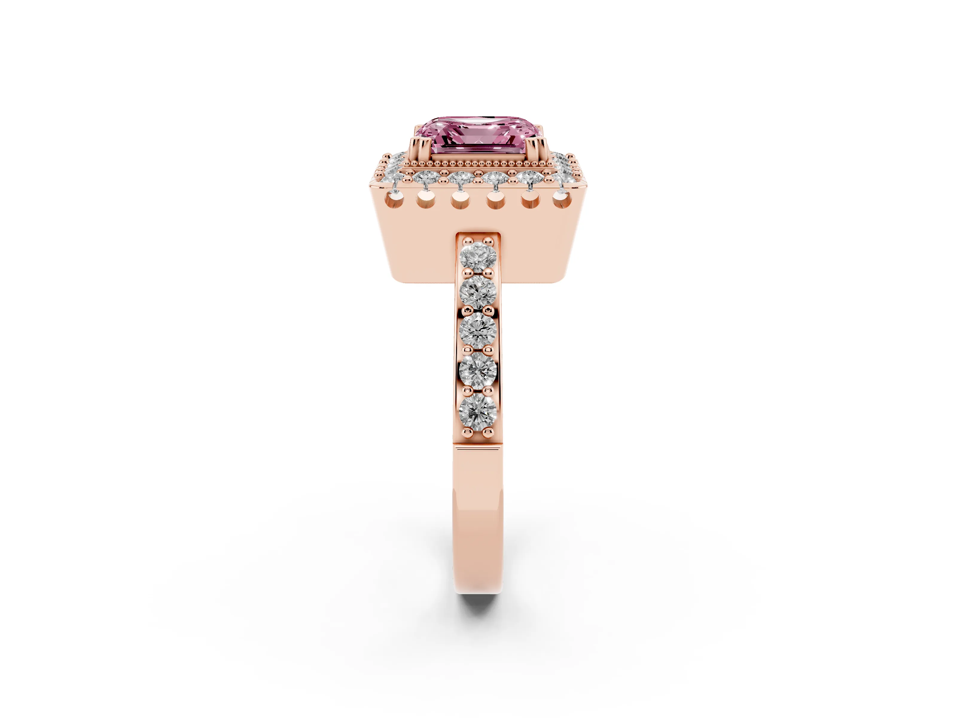 Fancy Pink Asscher Cut Diamond Halo Ring Set in Rose gold with Pavé Shank and Prong Setting