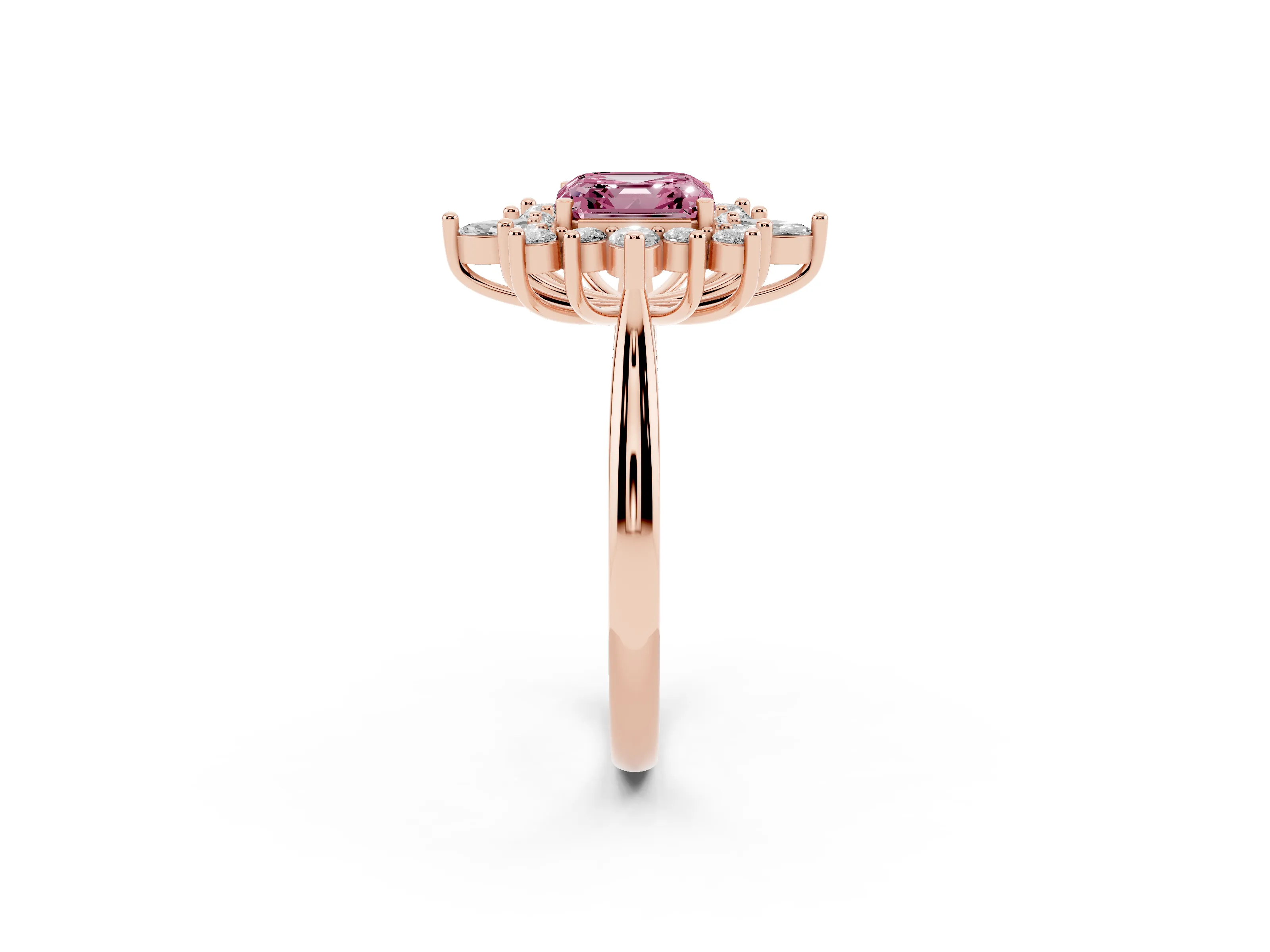 Fancy Pink Asscher Cut Diamond Cluster Halo Ring Set in Rose gold with Marquise and Round Accents